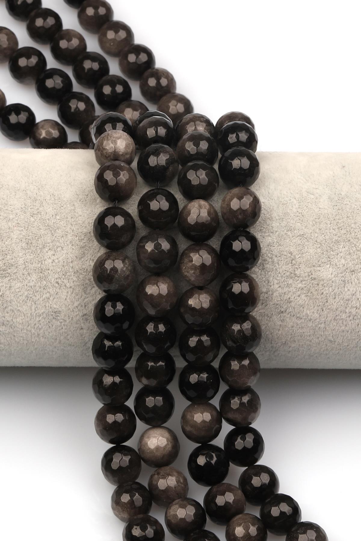 Silver Obsidyen Doğaltaş Dizi 10 mm Fasetli Küre Kesim