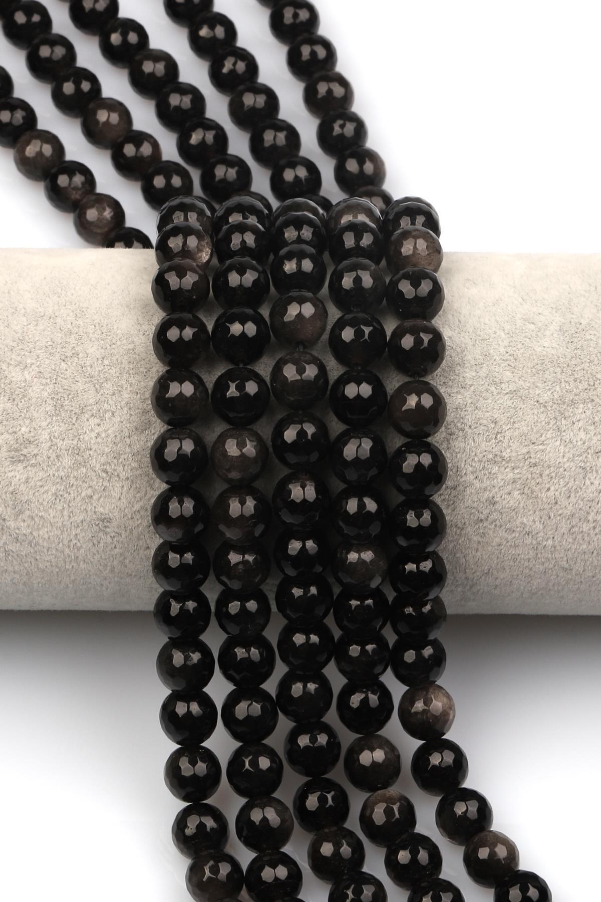 Silver Obsidyen Doğaltaş Dizi 8 mm Fasetli Küre Kesim