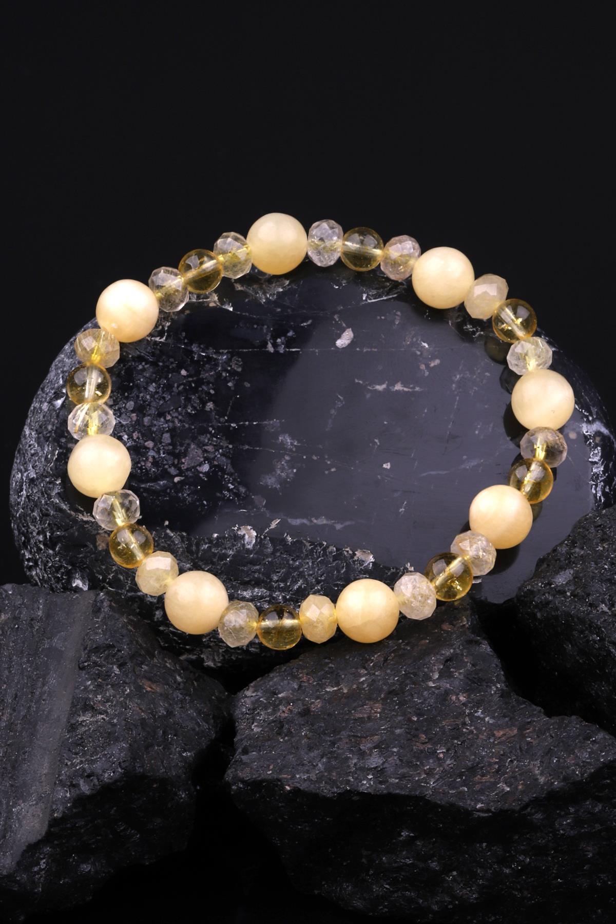 Sitrin - Golden Rutil Kuvars - Kalsit Doğal Taş Tasarım Bileklik 