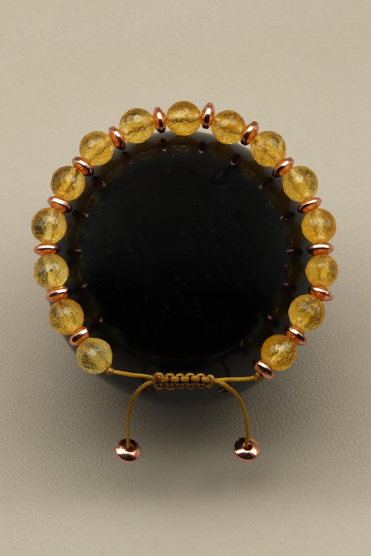 Sitrin - Hematit Doğal Taş Makrome Örme Bileklik Fasetli Kesim