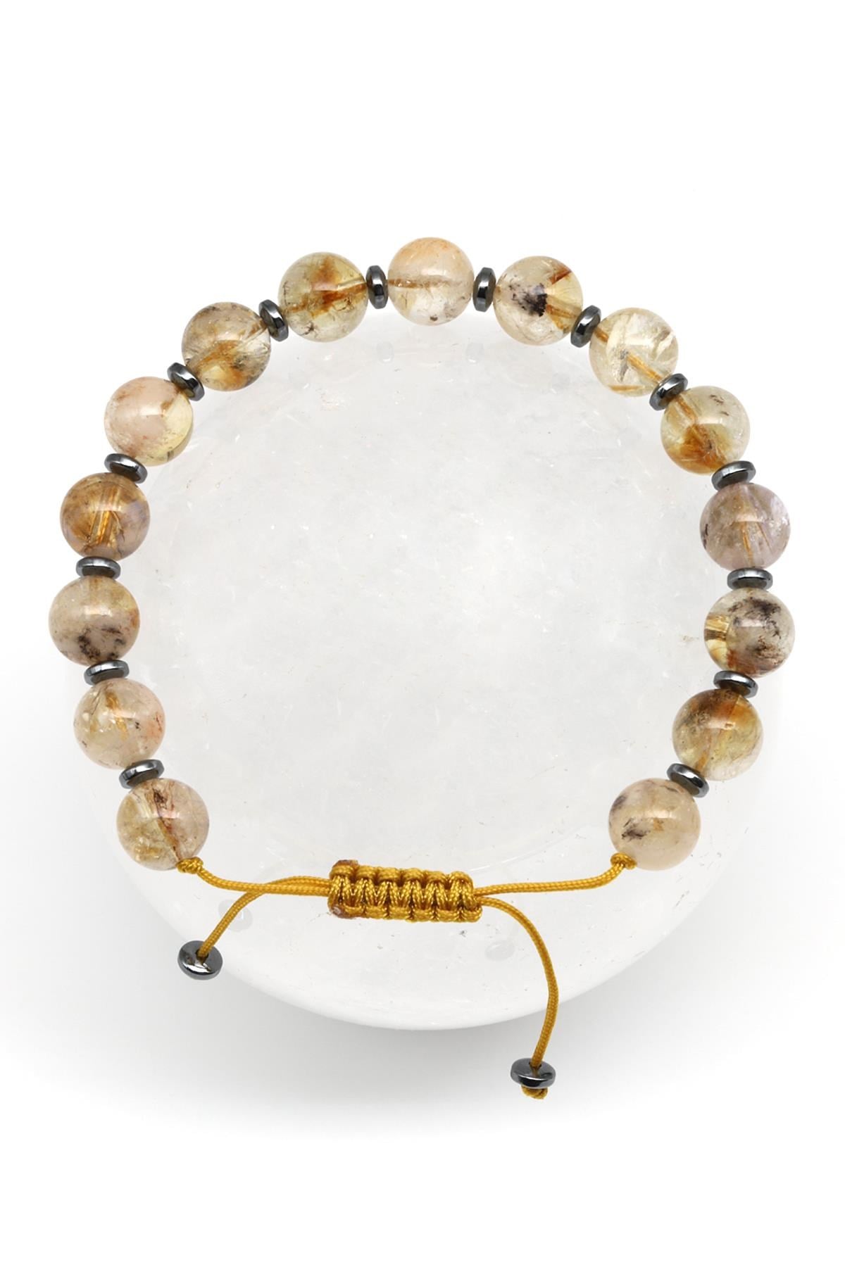 Sitrin - Hematit Doğal Taş Makrome Örme Bileklik Küre Kesim