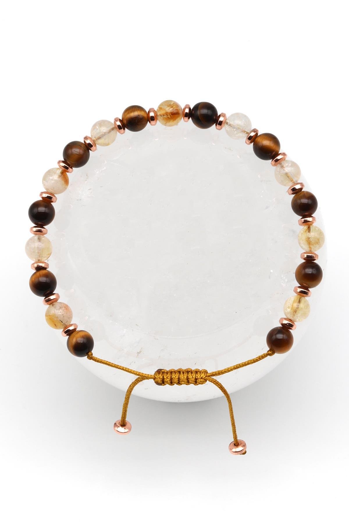 Sitrin-Kaplan Gözü Doğal Taş Makrome Örme Bileklik Küre Kesim