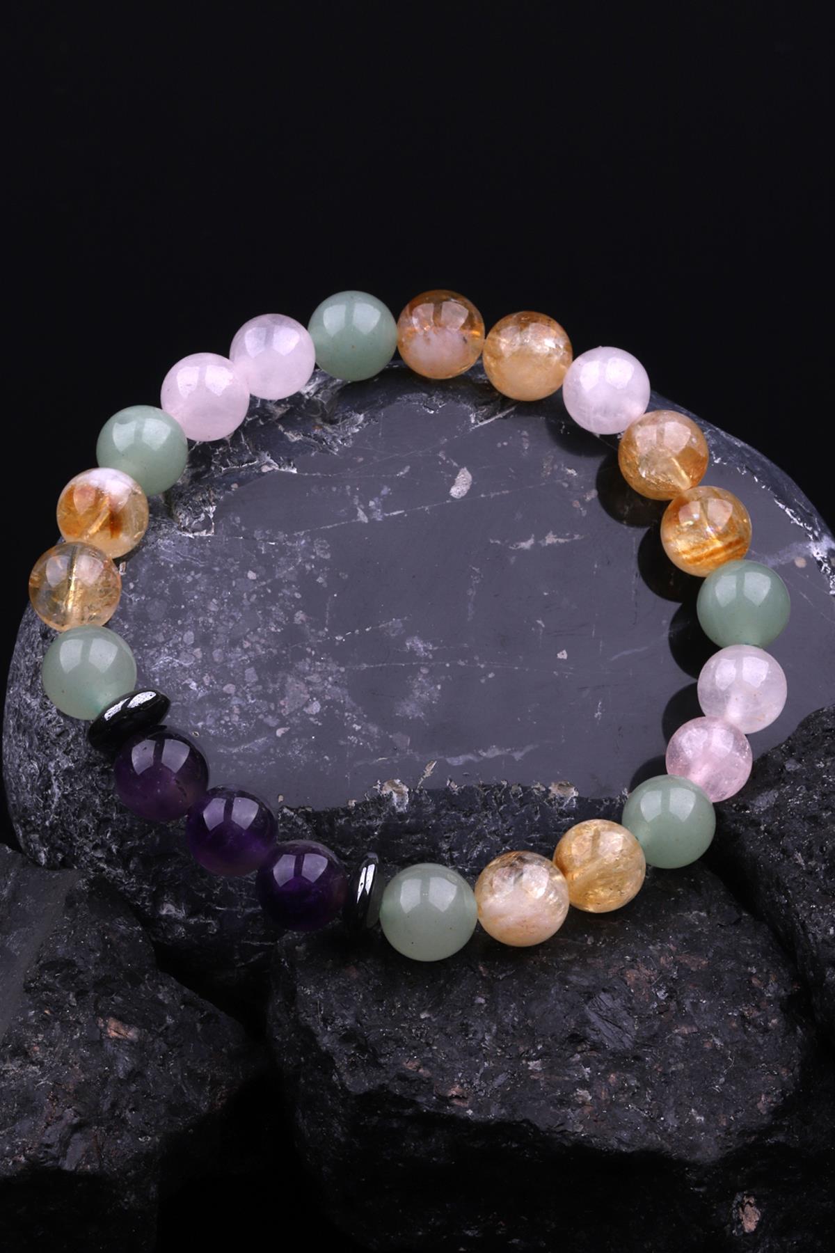 Sitrin - Pembe Kuvars - Aventurin - Hematit Doğal Taş Tasarım Bileklik 