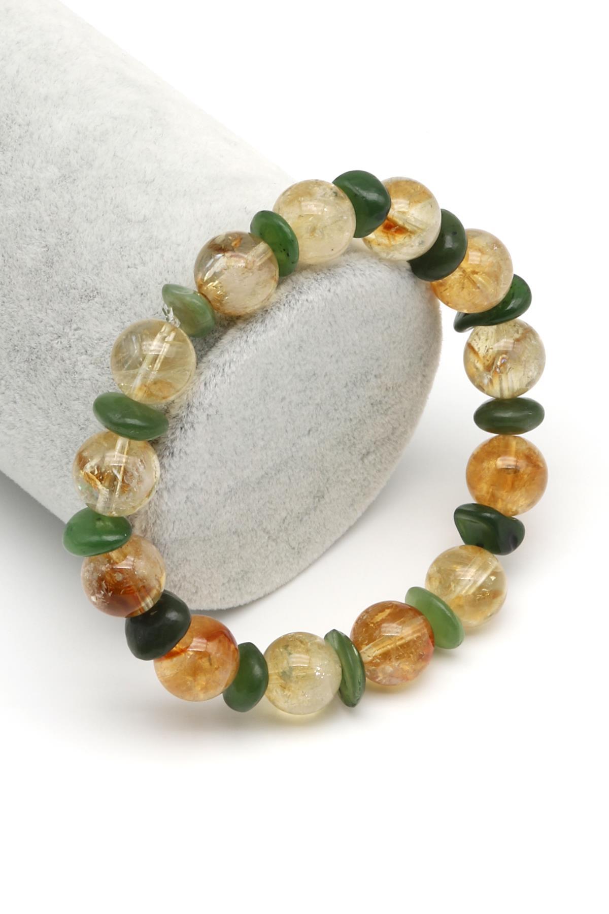 Sitrin-Yeşim Doğal Taş Tasarım Bileklik 10 mm Küre Kesim