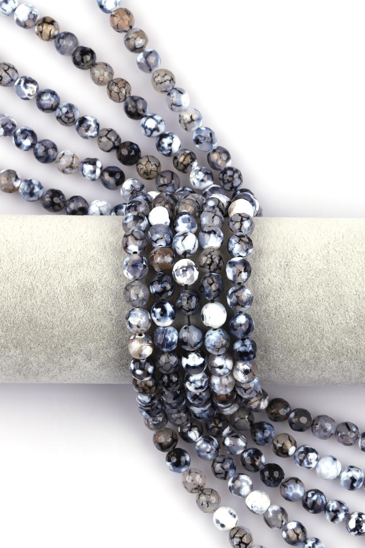 Siyah - Beyaz Akik Doğal Taş Dizi 8 mm Fasetli Küre Kesim