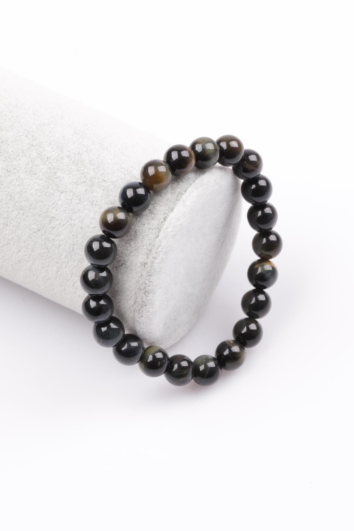 Siyah Kaplan Gözü Doğal Taş Bileklik 8 mm Küre Kesim