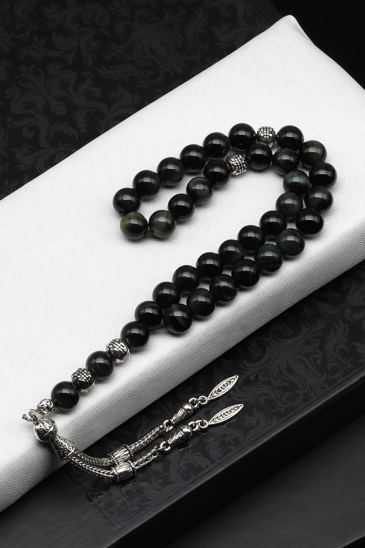 Siyah Kaplan Gözü Doğal Taş Tesbih 8 mm Küre Kesim