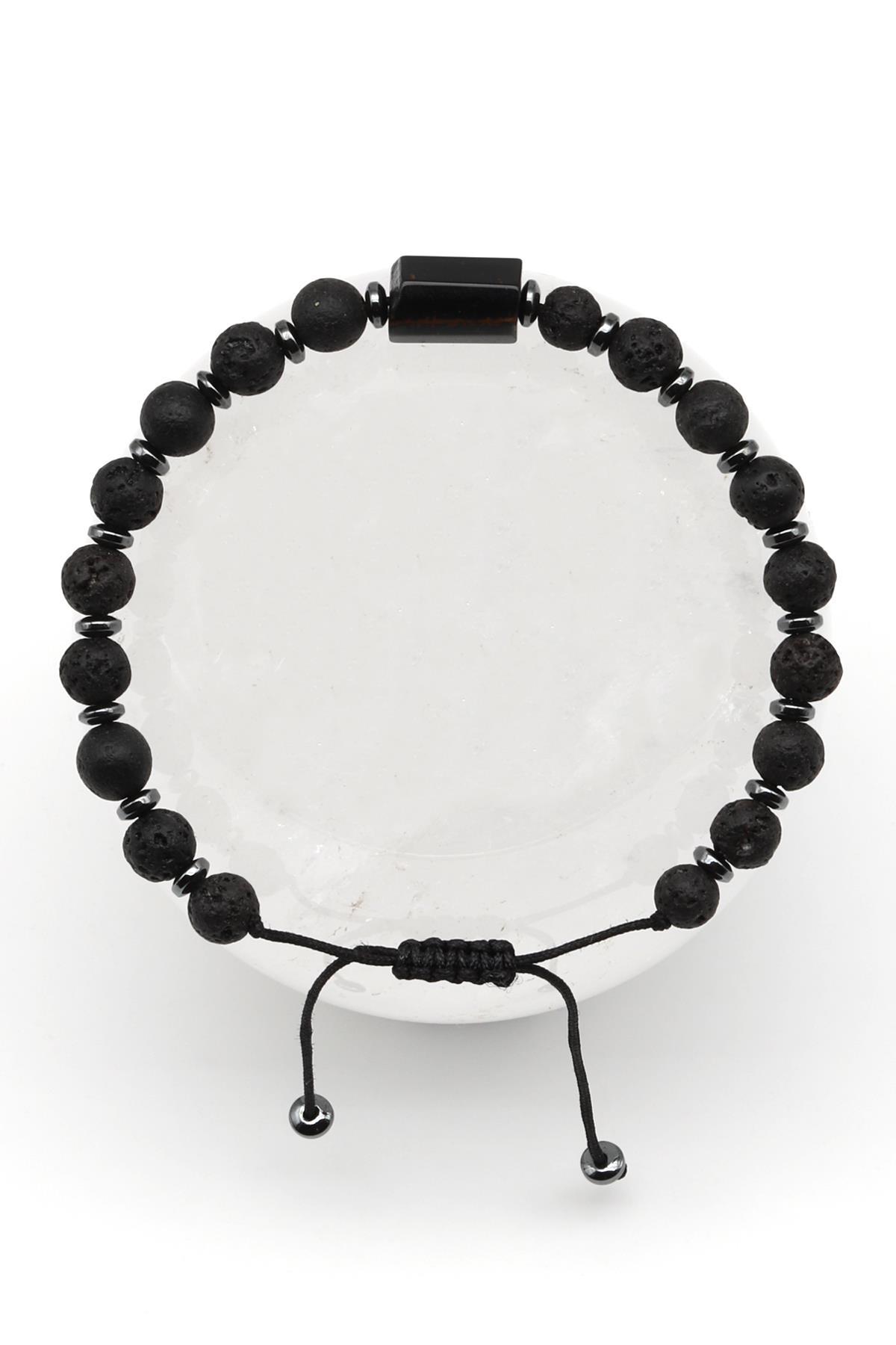 Siyah Kaplan Gözü-Lav Doğal Taş Makrome Örme Bileklik Küre Kesim