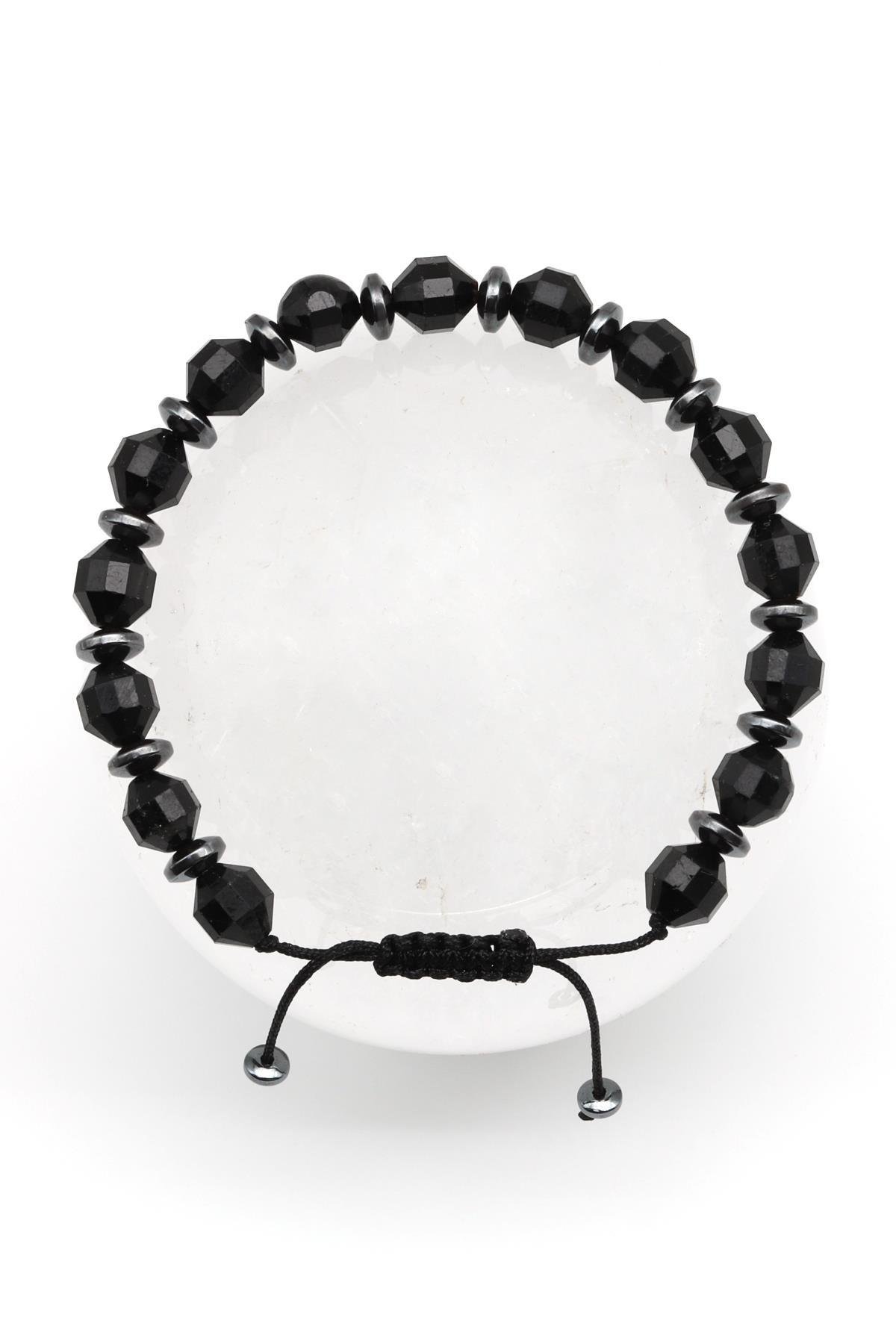 Siyah Turmalin Doğal Taş Makrome Örme Bileklik Hexagonal Kesim