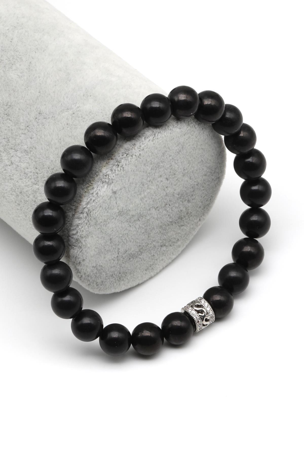 Şungit Doğal Taş Zirkon Aparatlı Bileklik 8 mm Küre Kesim