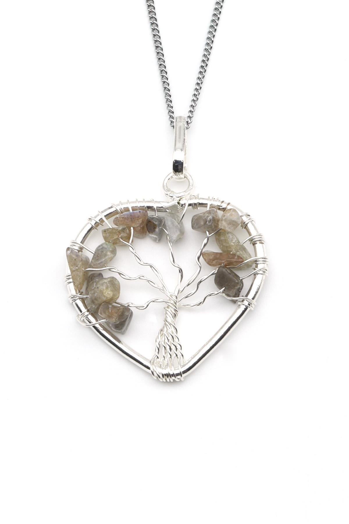 Tel Sarmalı Labradorit Doğal Taş Hayat Ağacı Kalp Model Kolye