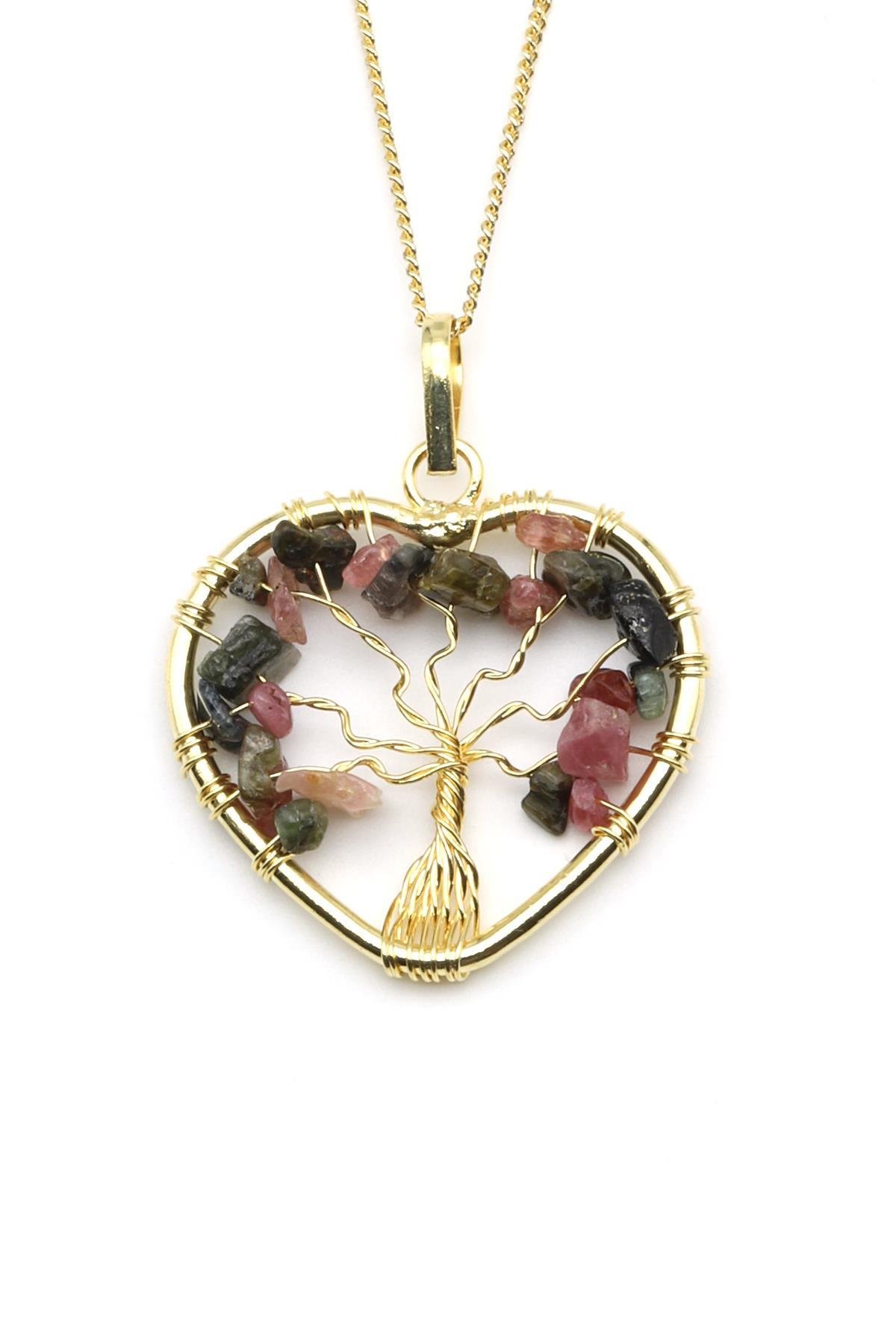 Tel Sarmalı Turmalin Doğal Taş Hayat Ağacı Kalp Model Kolye