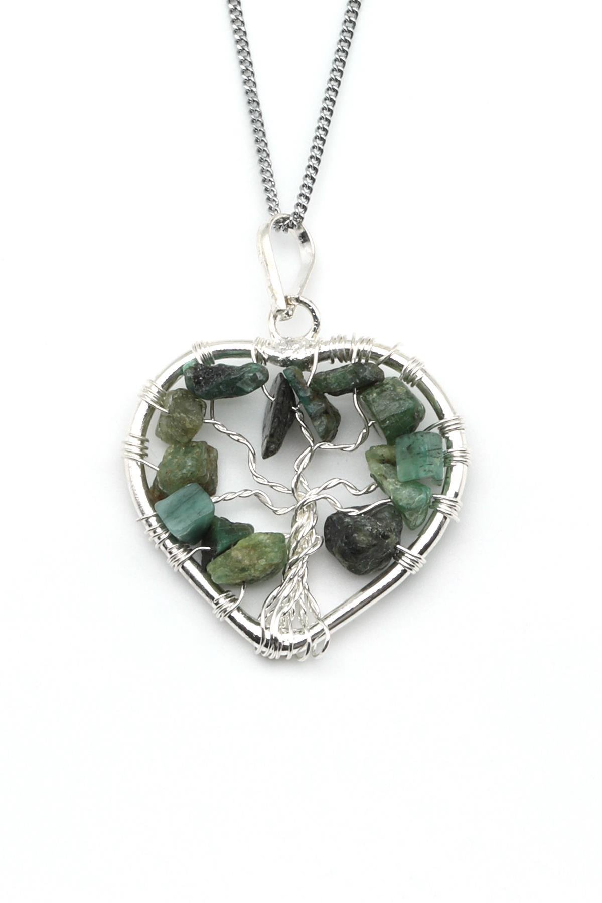 Tel Sarmalı Zümrüt Doğal Taş Hayat Ağacı Kalp Model Kolye