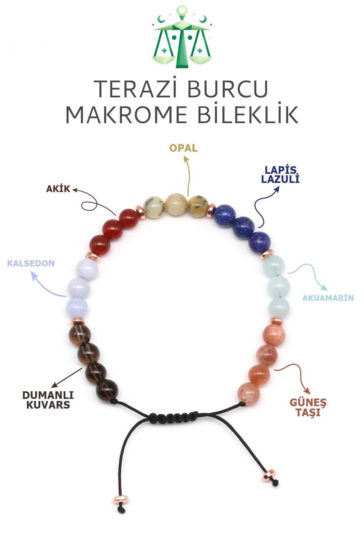 Terazi Burcu Taşlarından Oluşan Doğal Taş Makrome Bileklik 6 mm Küre Kesim - Burç Bilekliği