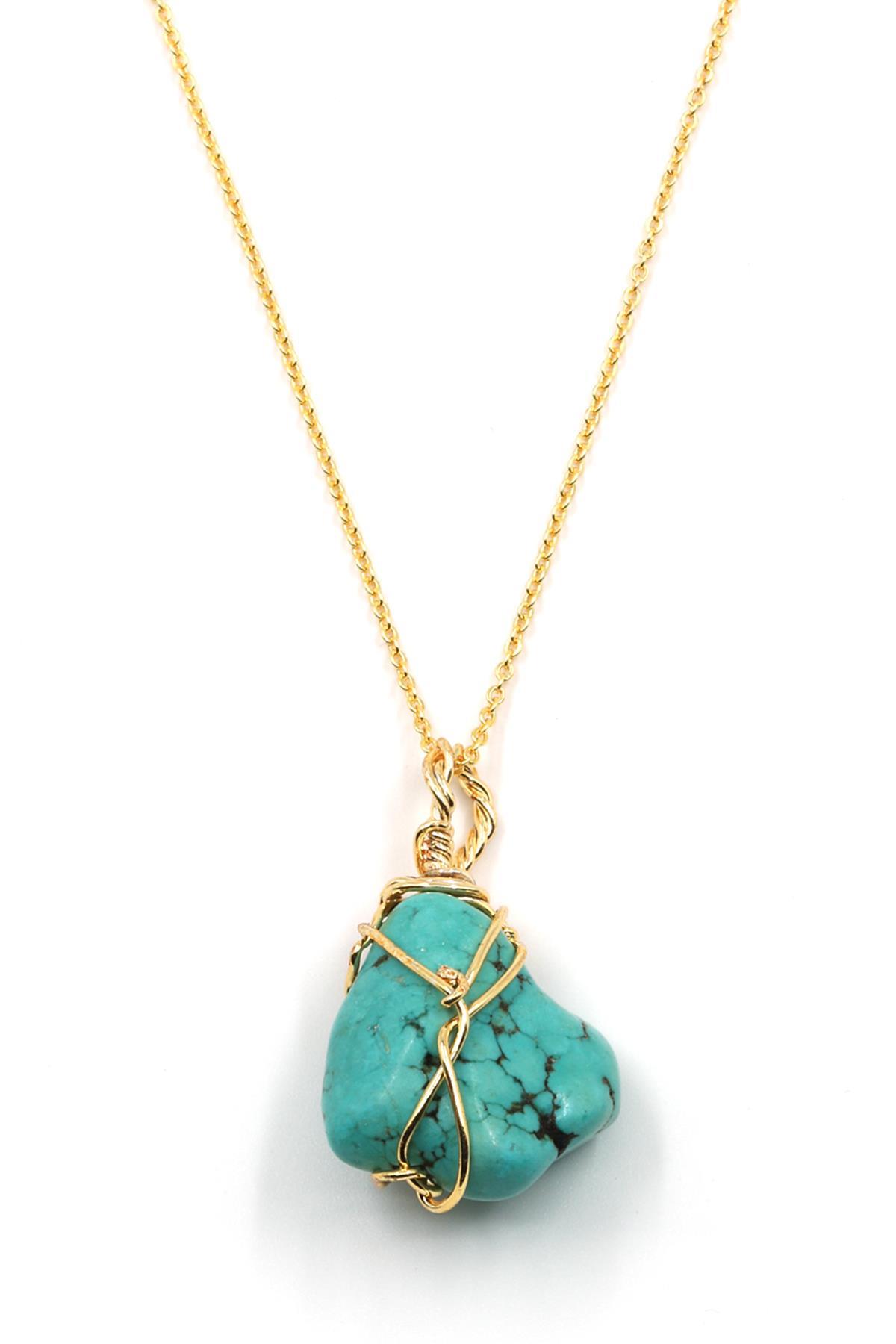 Turkuaz Doğal Taş Tel Sarmalı Kolye