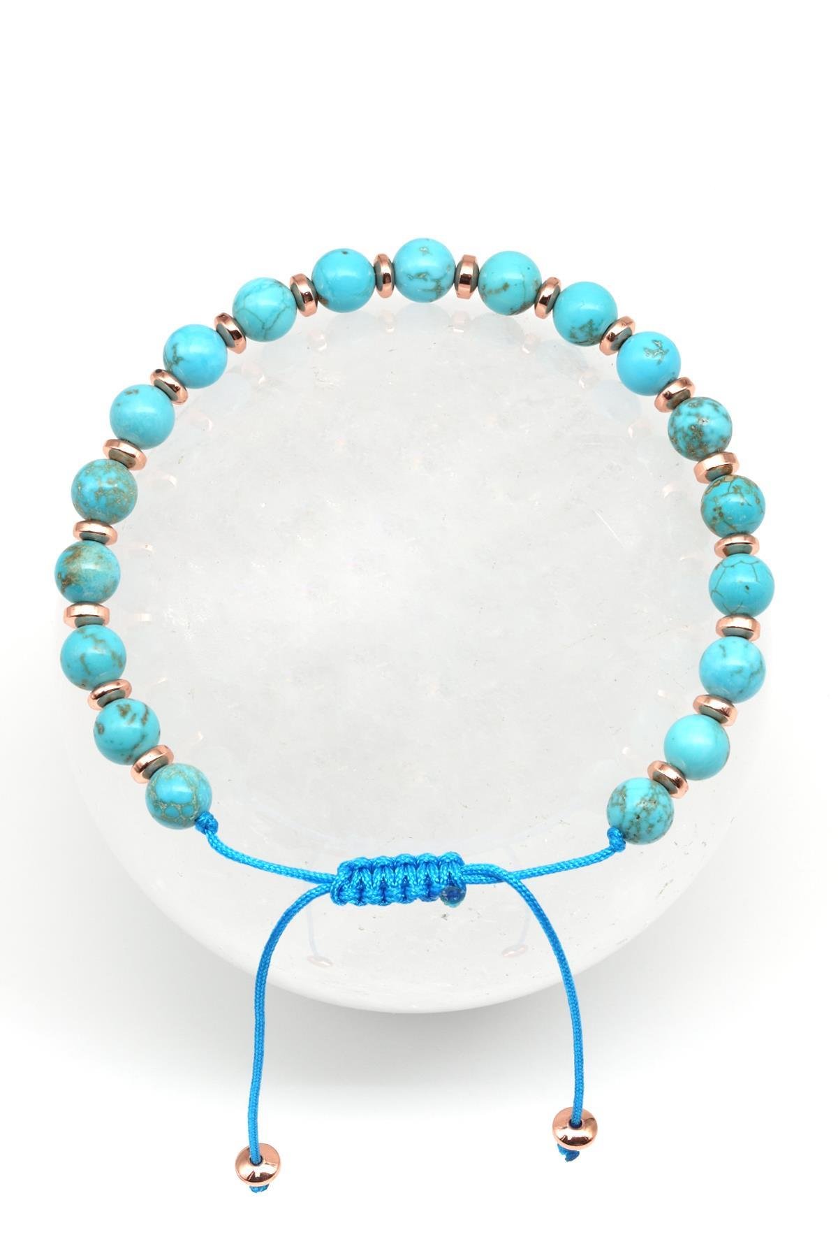 Turkuaz - Hematit Doğal Taş Makrome Örme Bileklik Küre Kesim