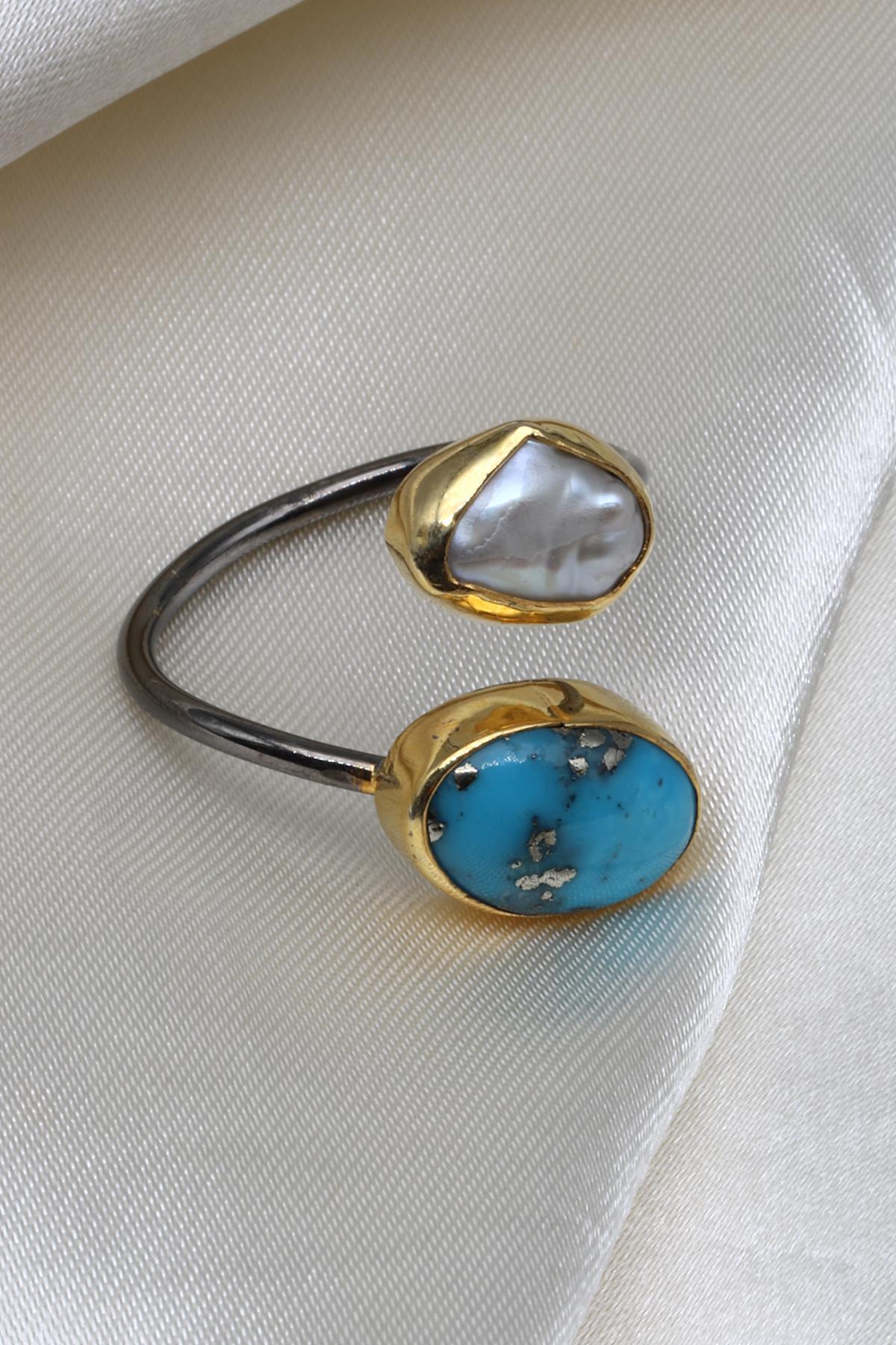 Turkuaz-İnci Doğal Taş 925 Ayar Gümüş Ayarlanabilir Yüzük