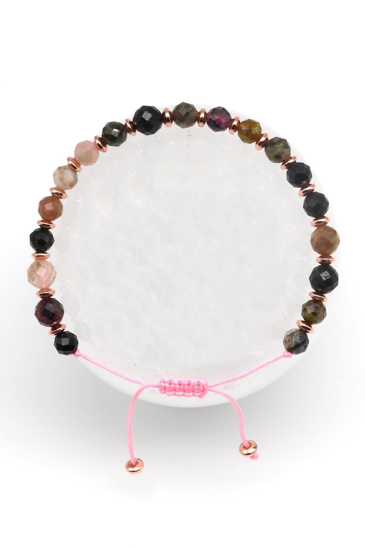 Turmalin Doğal Taş Makrome Örme Bileklik Fasetli Küre Kesim