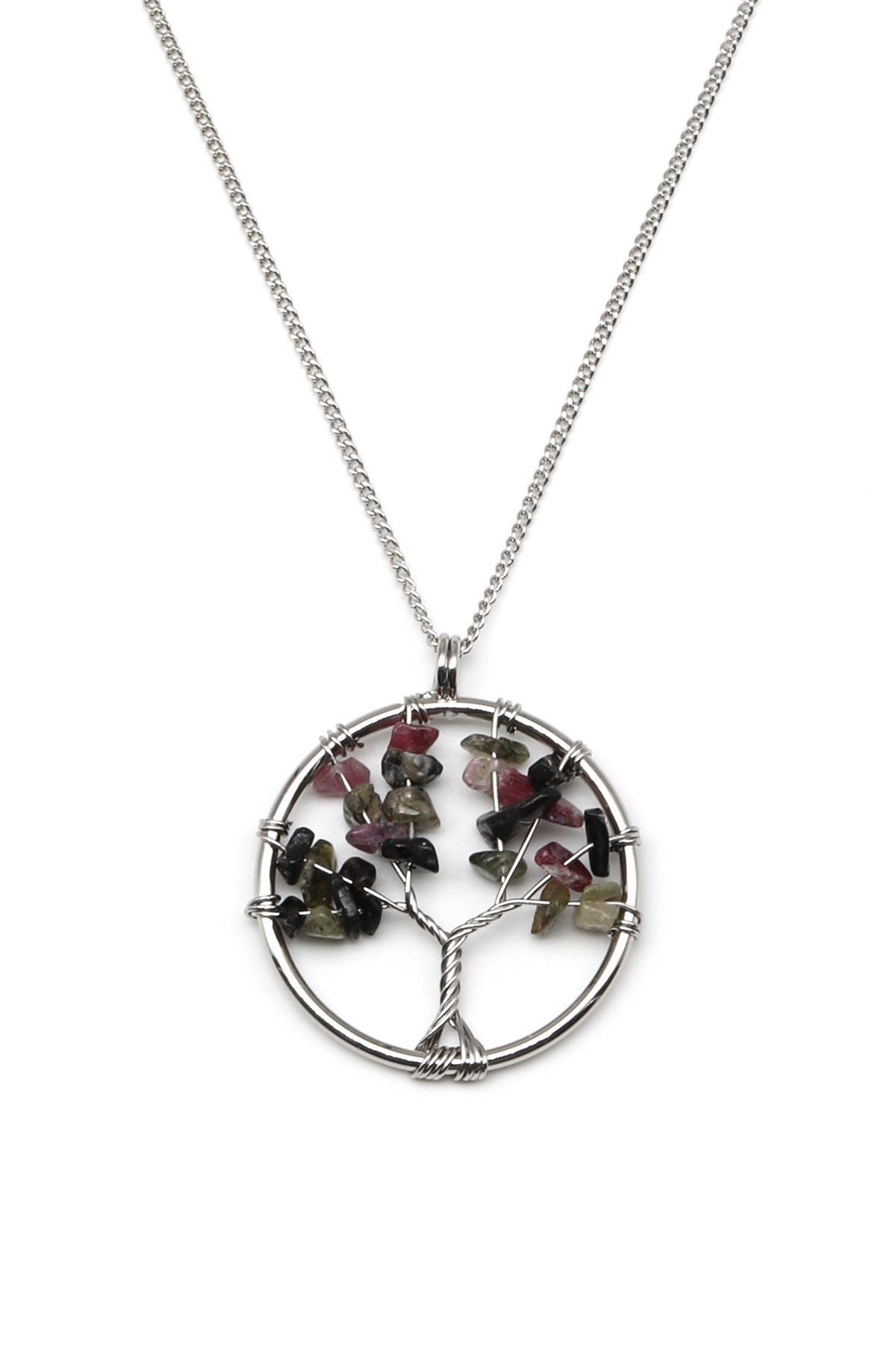 Turmalin Doğal Taş Tel Sarmalı Hayat Ağacı Kolye