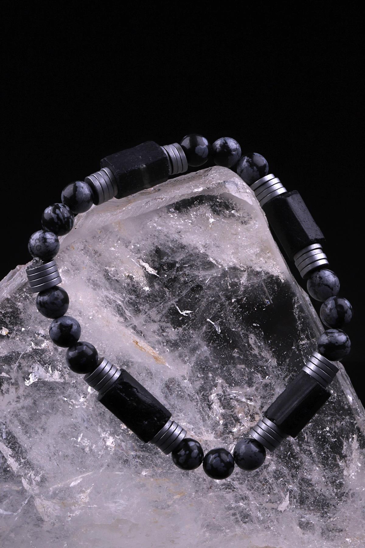 Turmalin - Karlı Obsidyen - Hematit Doğal Taş Tasarım Bileklik