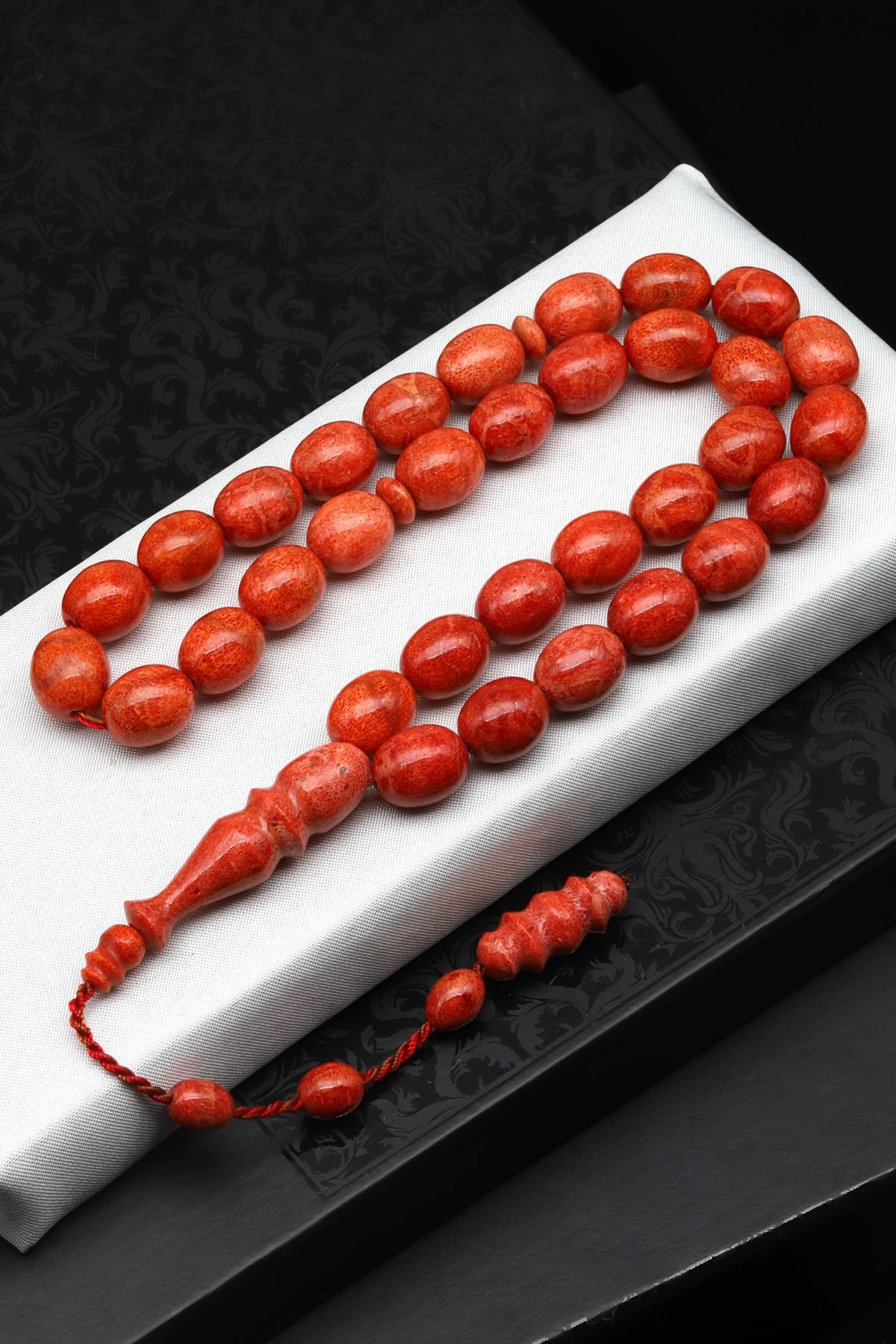 Usta İşçilikli Hakiki Mercan Doğal Taş Tesbih 10 x 13 mm Badem Kesim