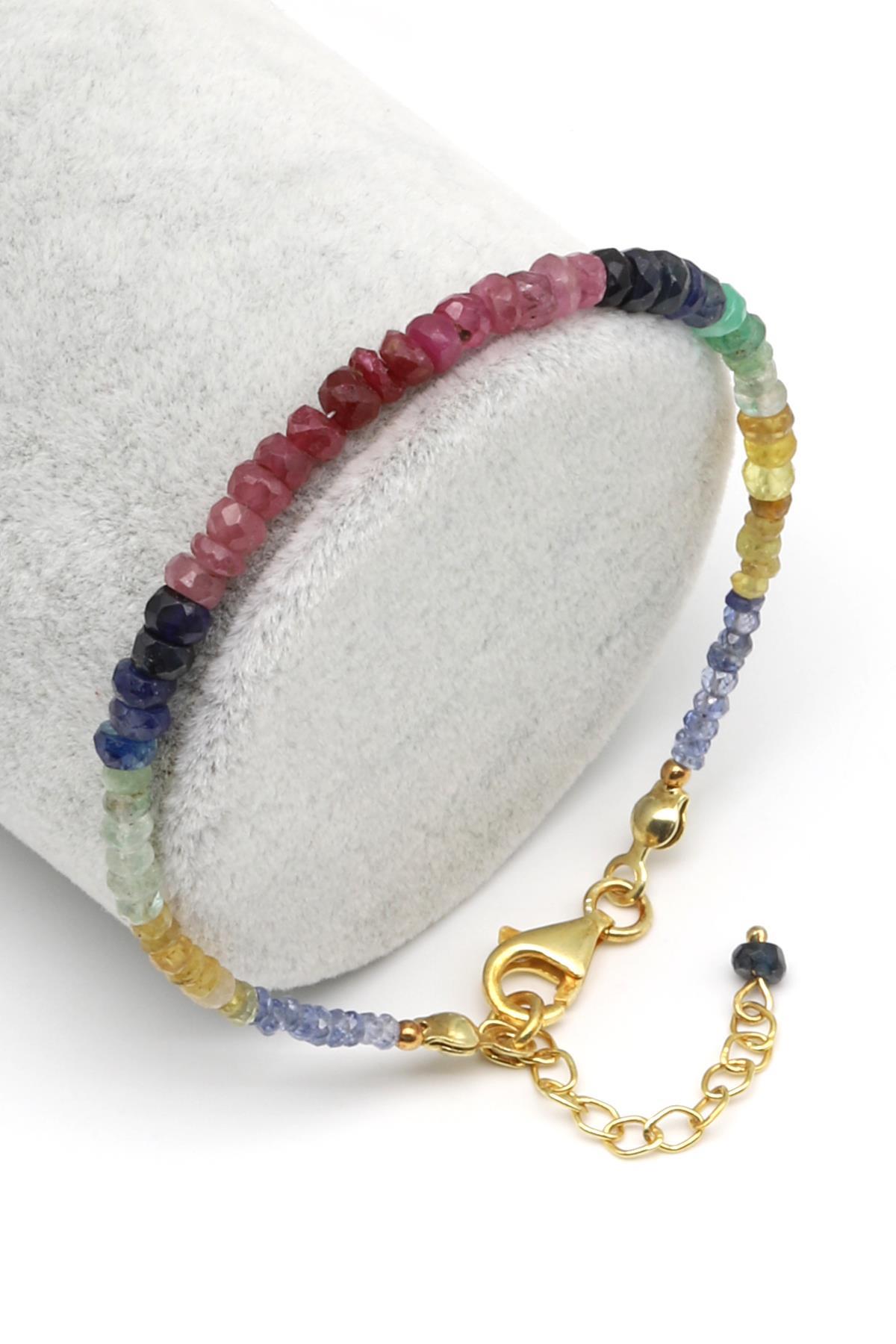 Yakut - Safir - Zümrüt Doğal Taş 925 Ayar Gümüş Bileklik Rondel Kesim - BLK-2024