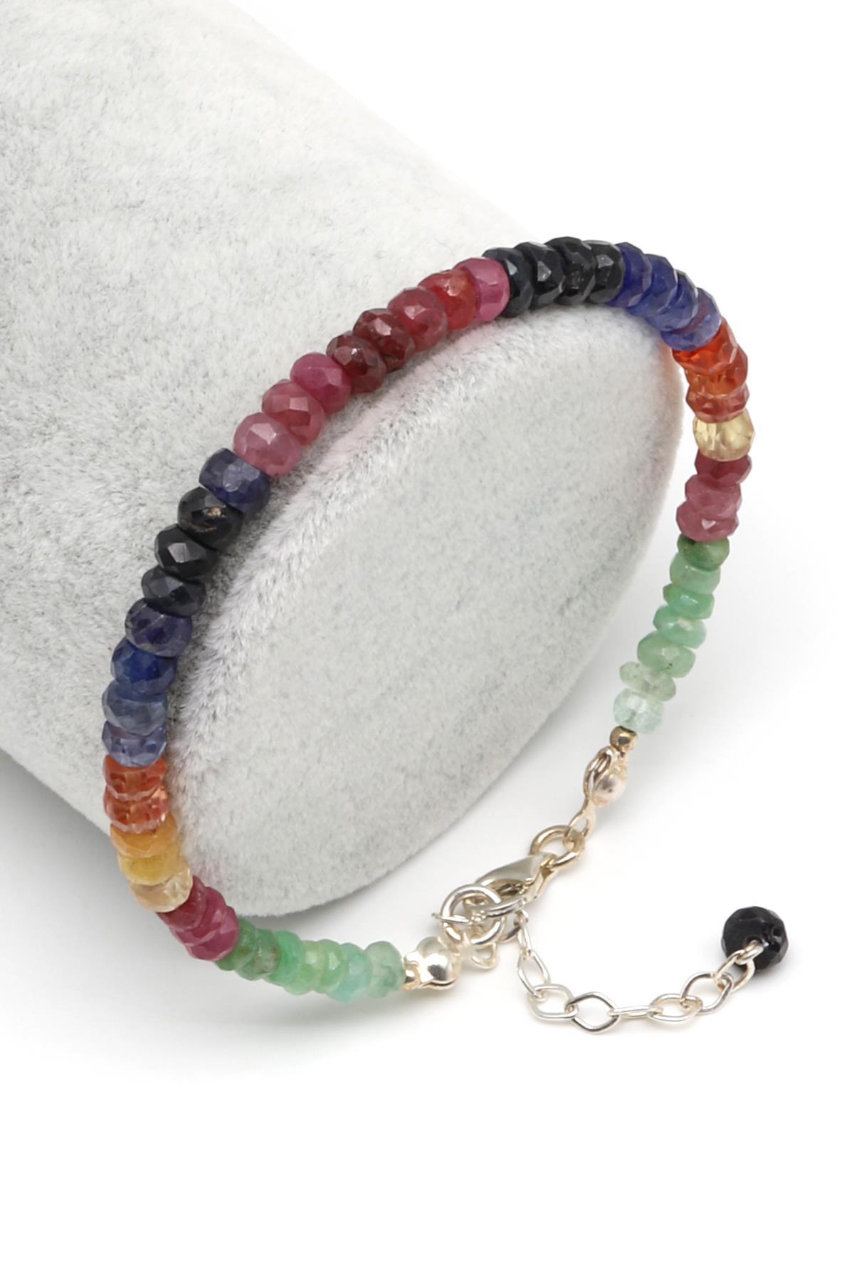 Yakut - Safir - Zümrüt Doğal Taş 925 Ayar Gümüş Bileklik Rondel Kesim - BLK-2022