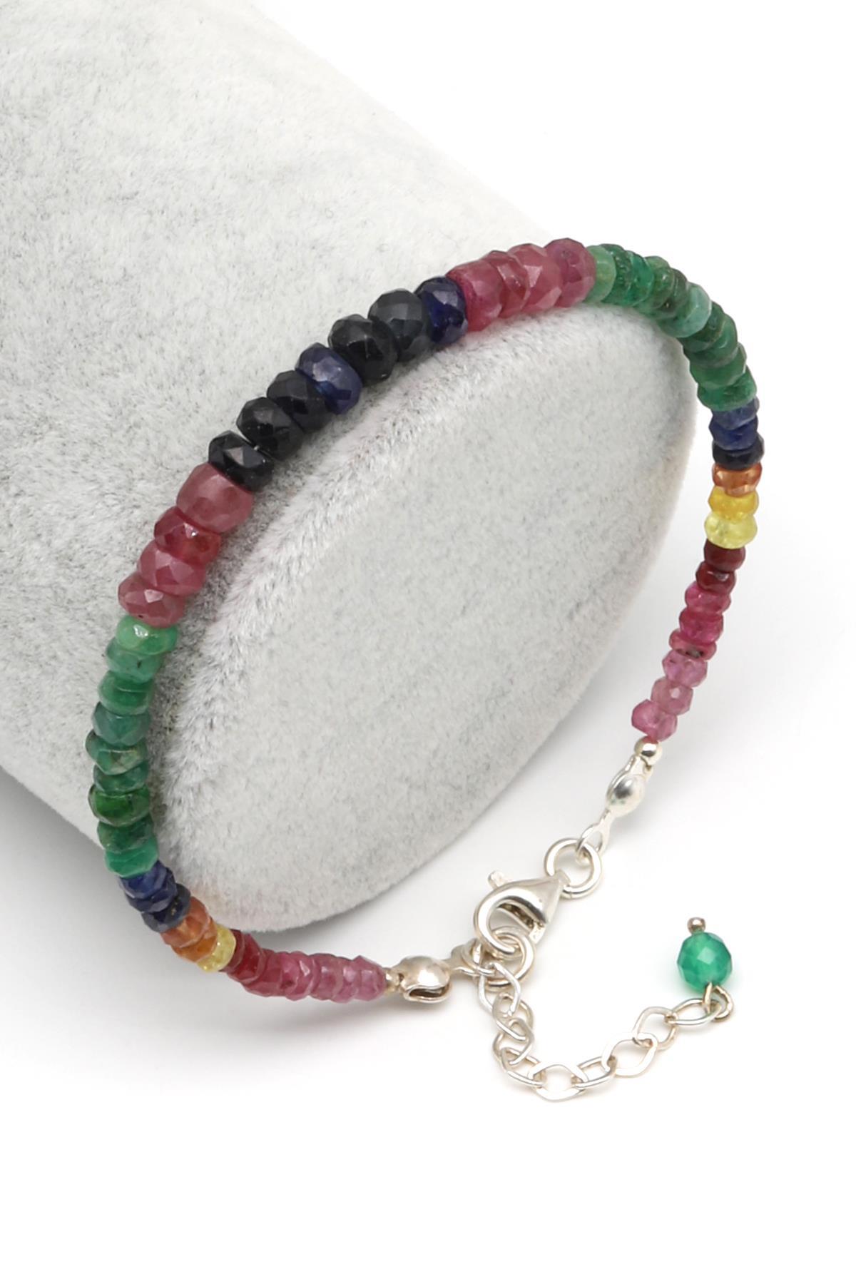 Yakut - Safir - Zümrüt Doğal Taş 925 Ayar Gümüş Bileklik Rondel Kesim - BLK-2025