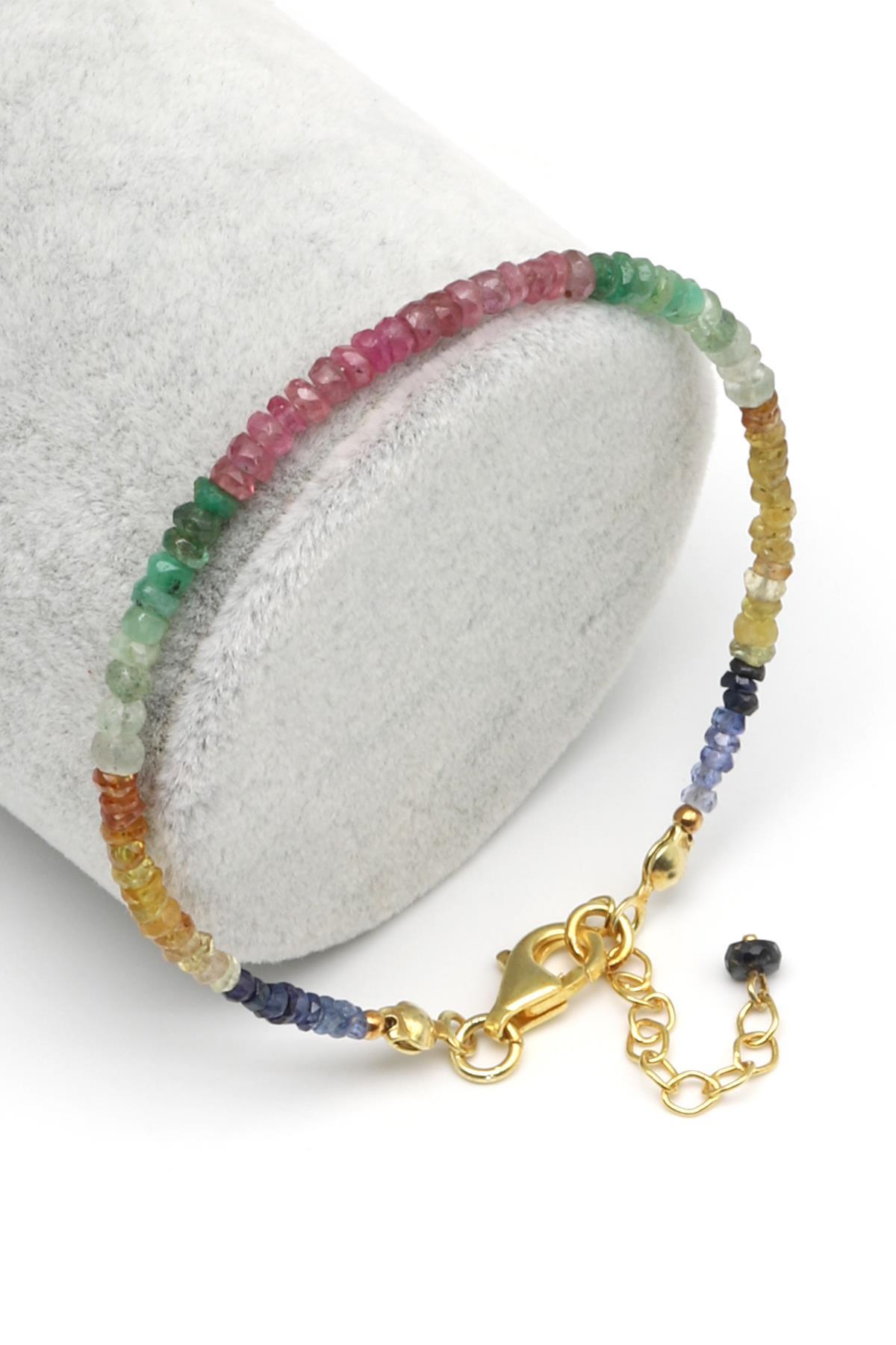 Yakut - Safir - Zümrüt Doğal Taş 925 Ayar Gümüş Bileklik Rondel Kesim - BLK-2027