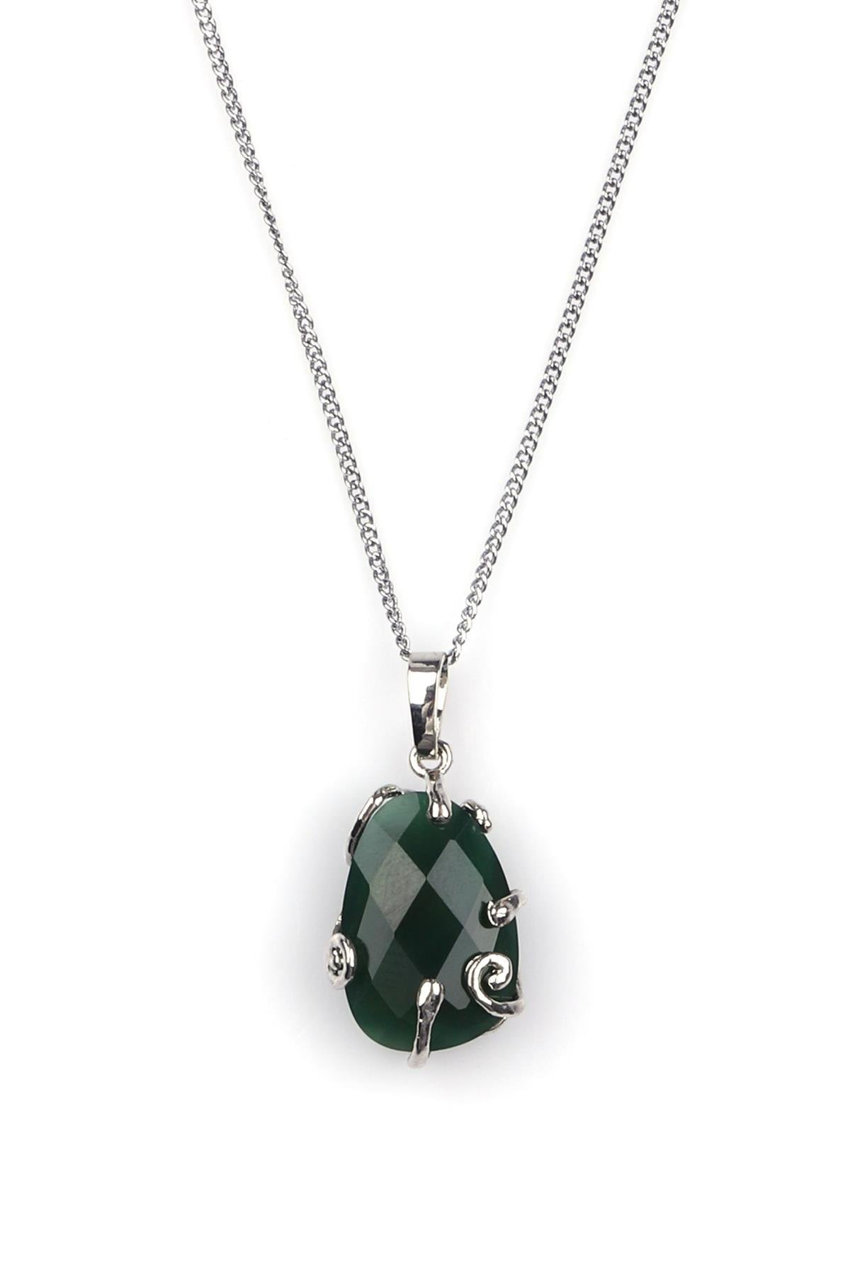 Yeşil Akik Doğal Taş Gümüş Renkli Kolye