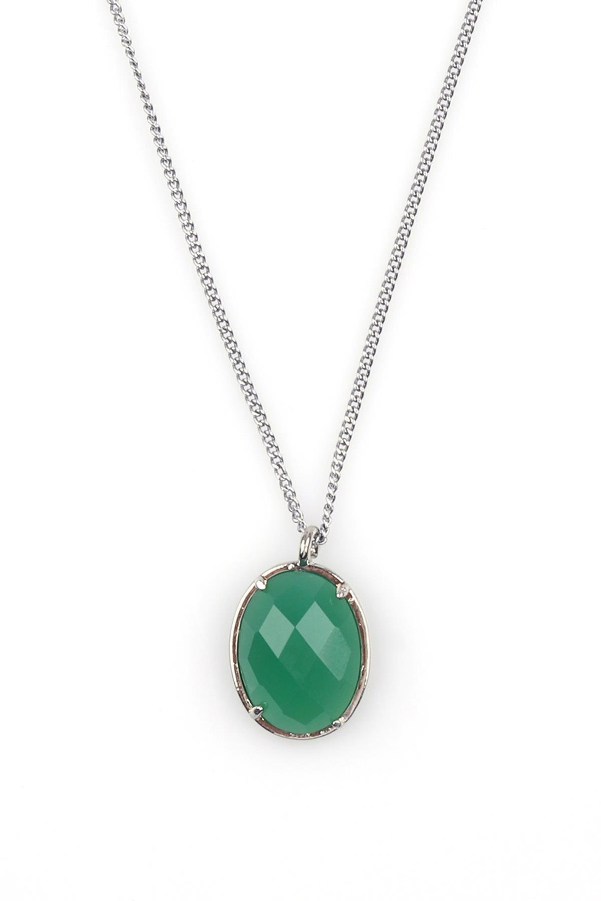 Yeşil Akik Doğal Taş Gümüş Renkli Kolye