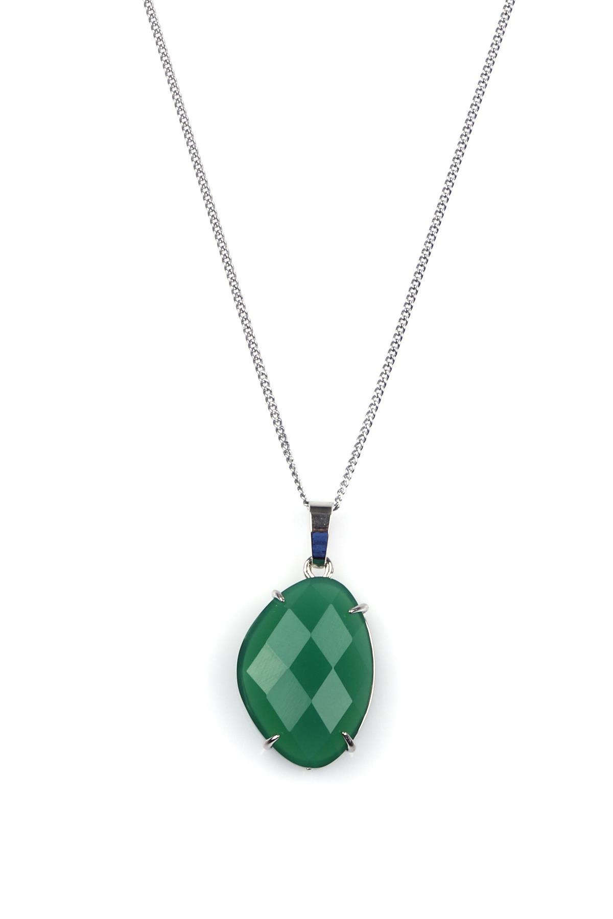 Yeşil Akik Doğal Taş Gümüş Renkli Kolye