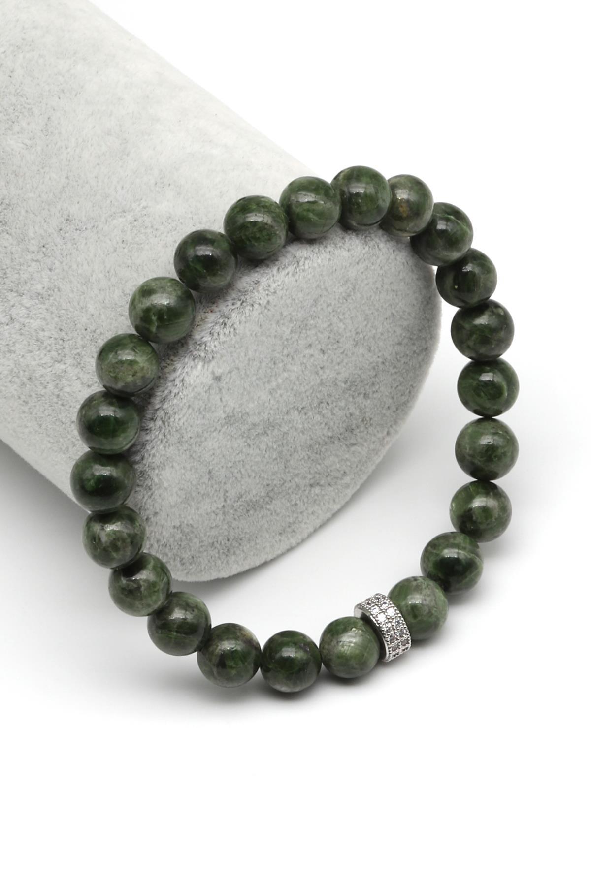 Yeşil Kyanit Doğal Taş Zirkon Aparatlı Bileklik 8 mm Küre Kesim