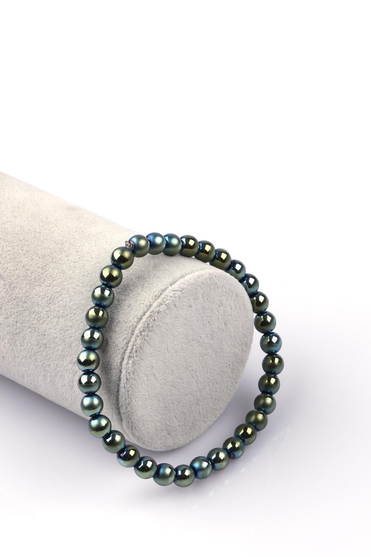 Yeşil Renkli Hematit Doğal Taş Bileklik 6mm Küre Kesim