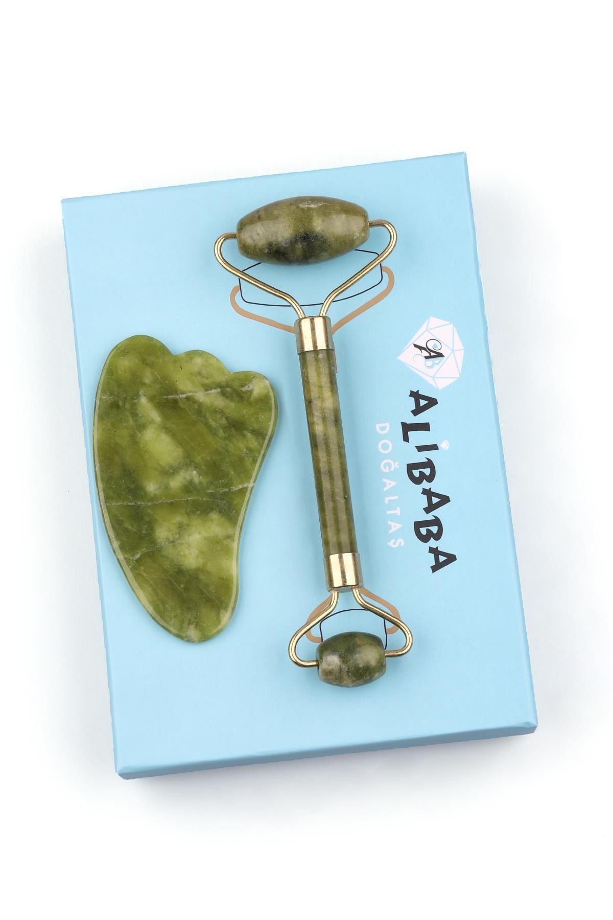 Yeşim Doğal Taş 2’li Özel Kutulu Set Face Roller + Gua Sha Masaj Taşı
