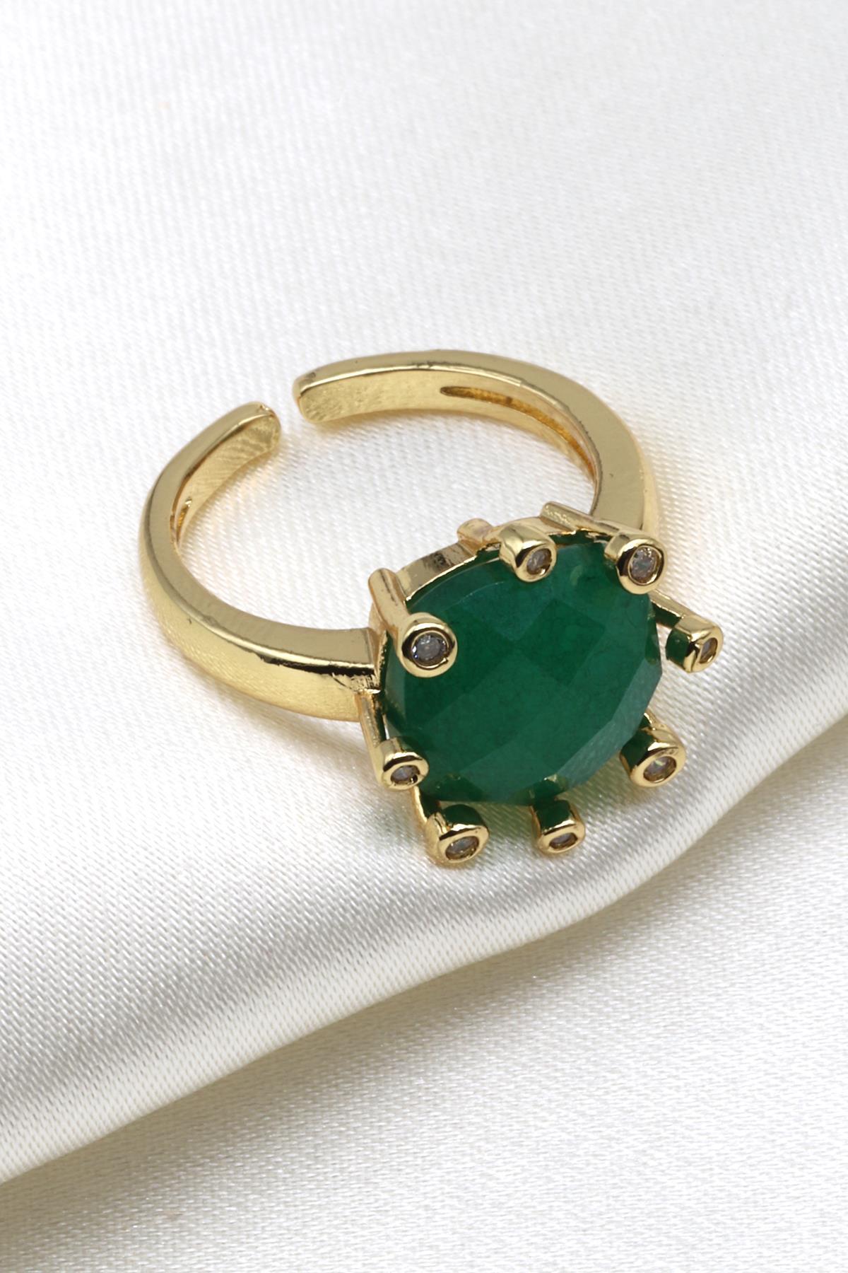 Yeşim Doğal Taş Ayarlanabilir Gold Renk Yüzük