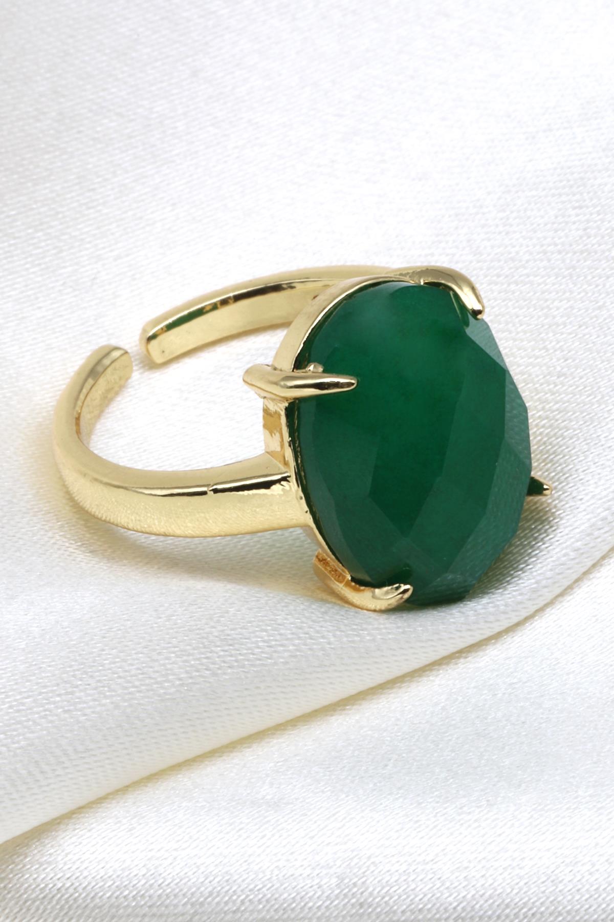 Yeşim Doğal Taş Ayarlanabilir Gold Renk Yüzük