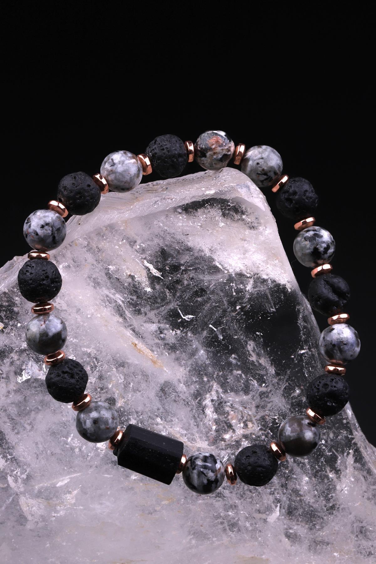 Yooperlite - Lav - Turmalin - Hematit Doğal Taş Tasarım Bileklik 