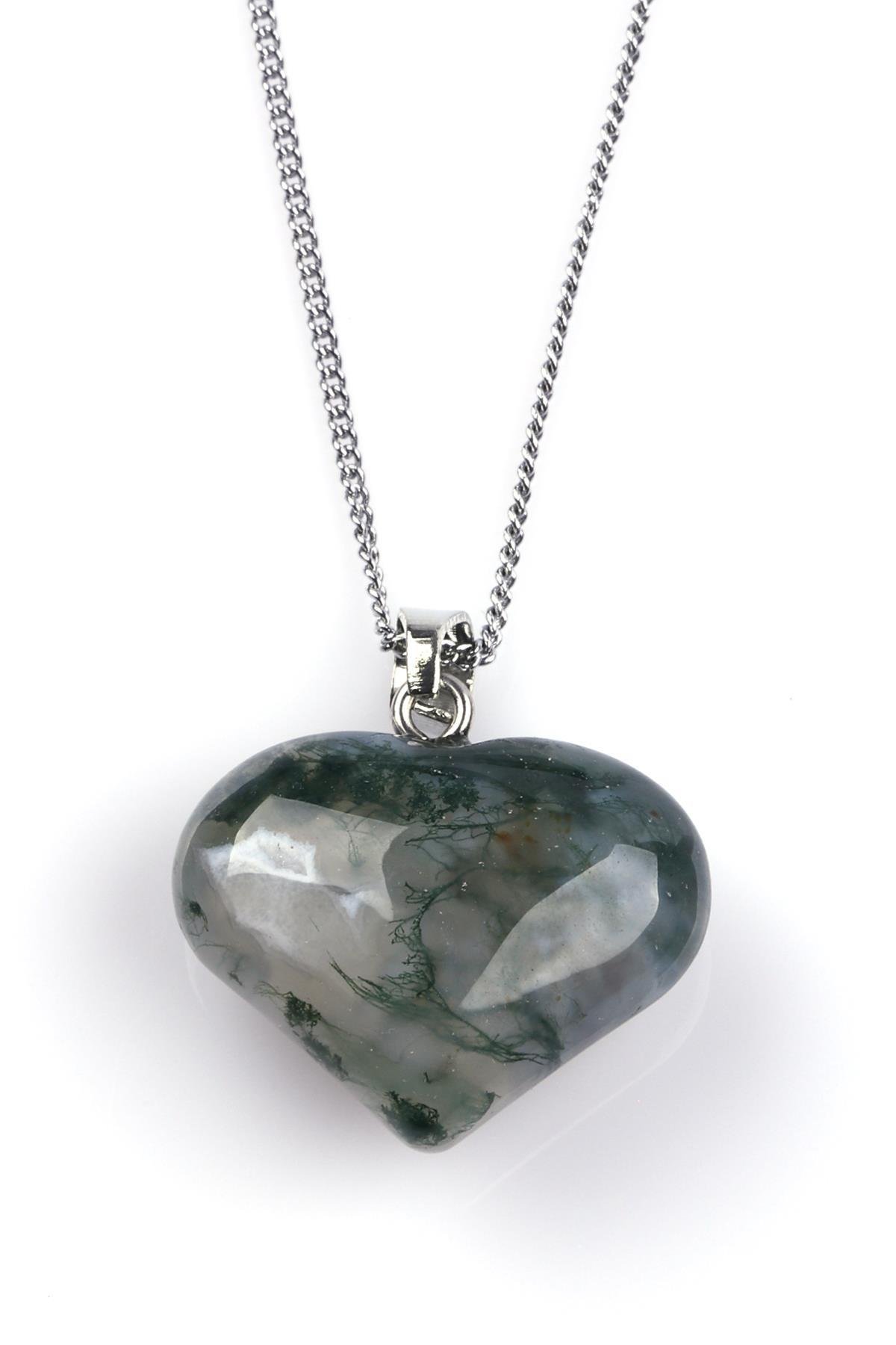 Yosun Akik Doğal Taş Kalp Model Kolye