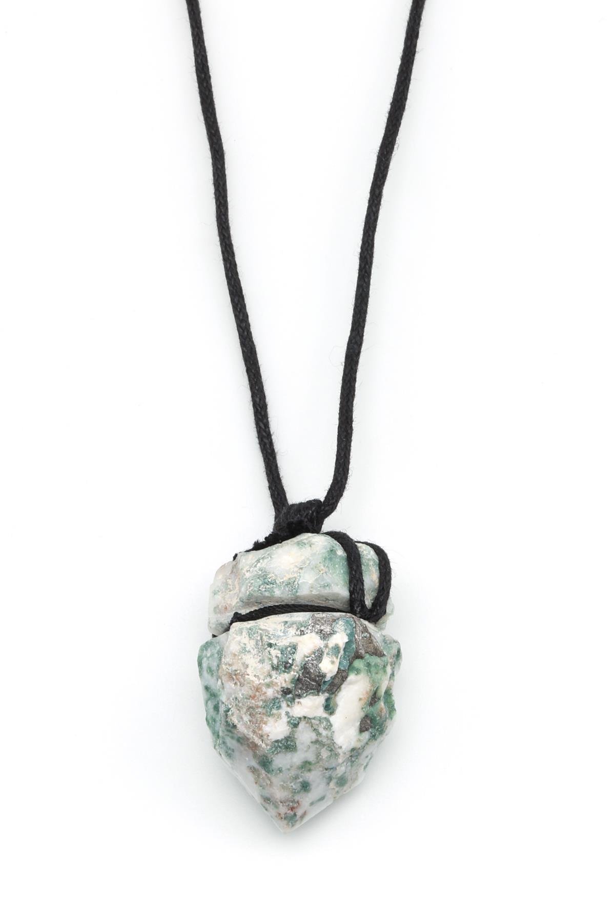 Yosun Akik Doğal Taş Siyah İpli Kolye