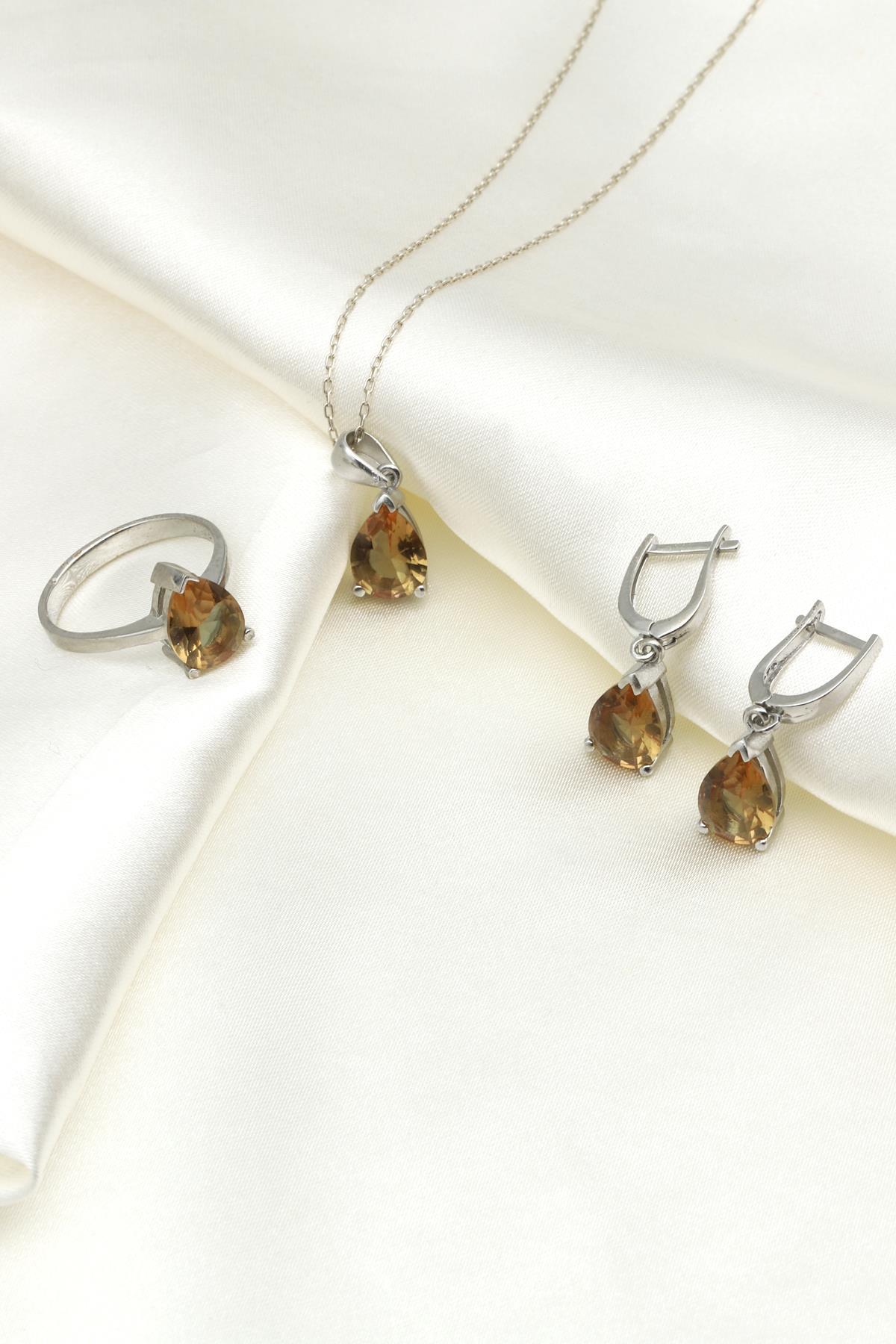 Zultanit Kolye - Küpe - Yüzük 925 Ayar Gümüş 3'lü Set