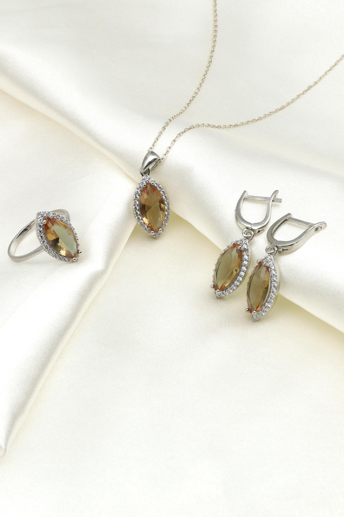 Zultanit Kolye - Küpe - Yüzük 925 Ayar Gümüş 3'lü Set