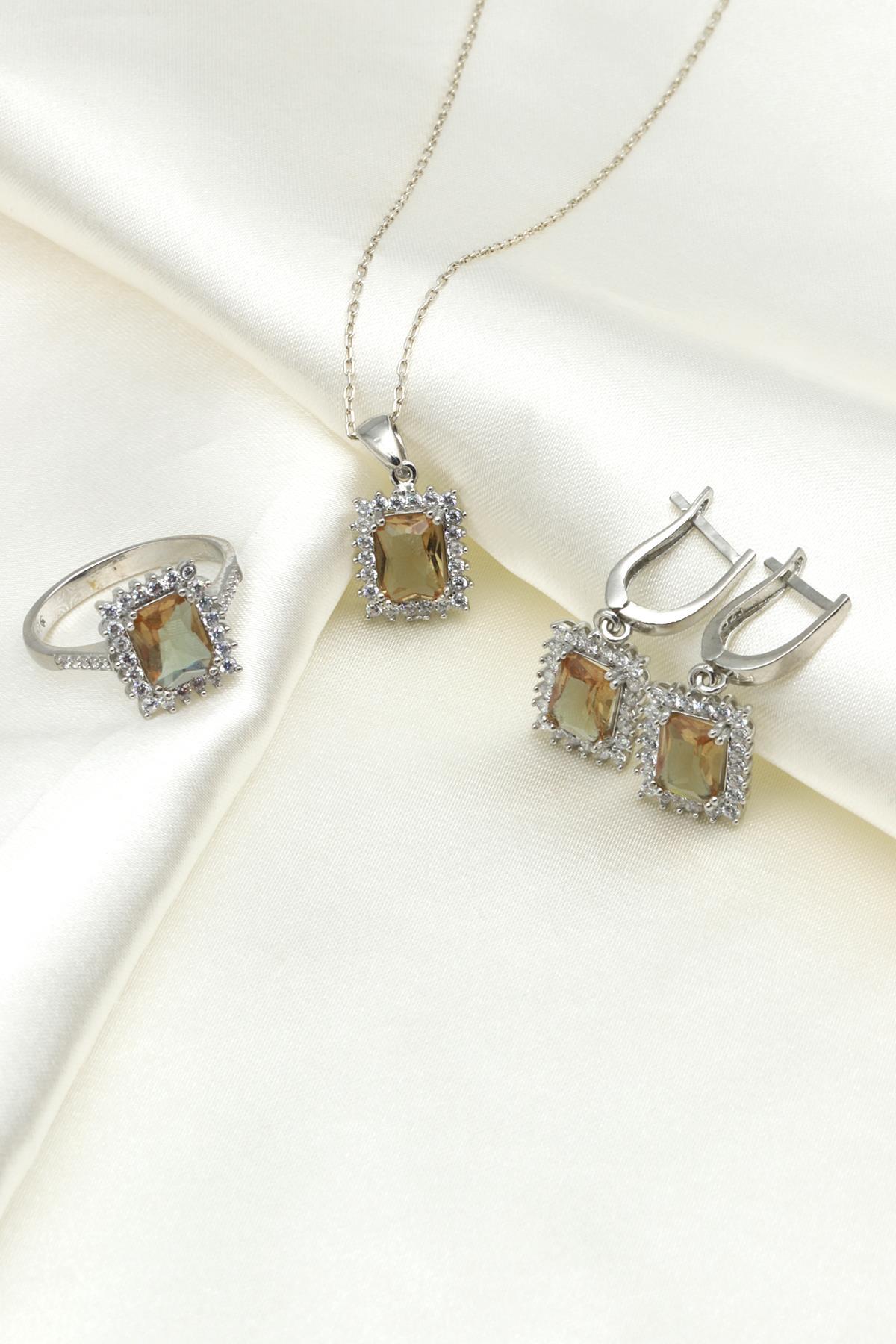 Zultanit Kolye - Küpe - Yüzük 925 Ayar Gümüş 3'lü Set