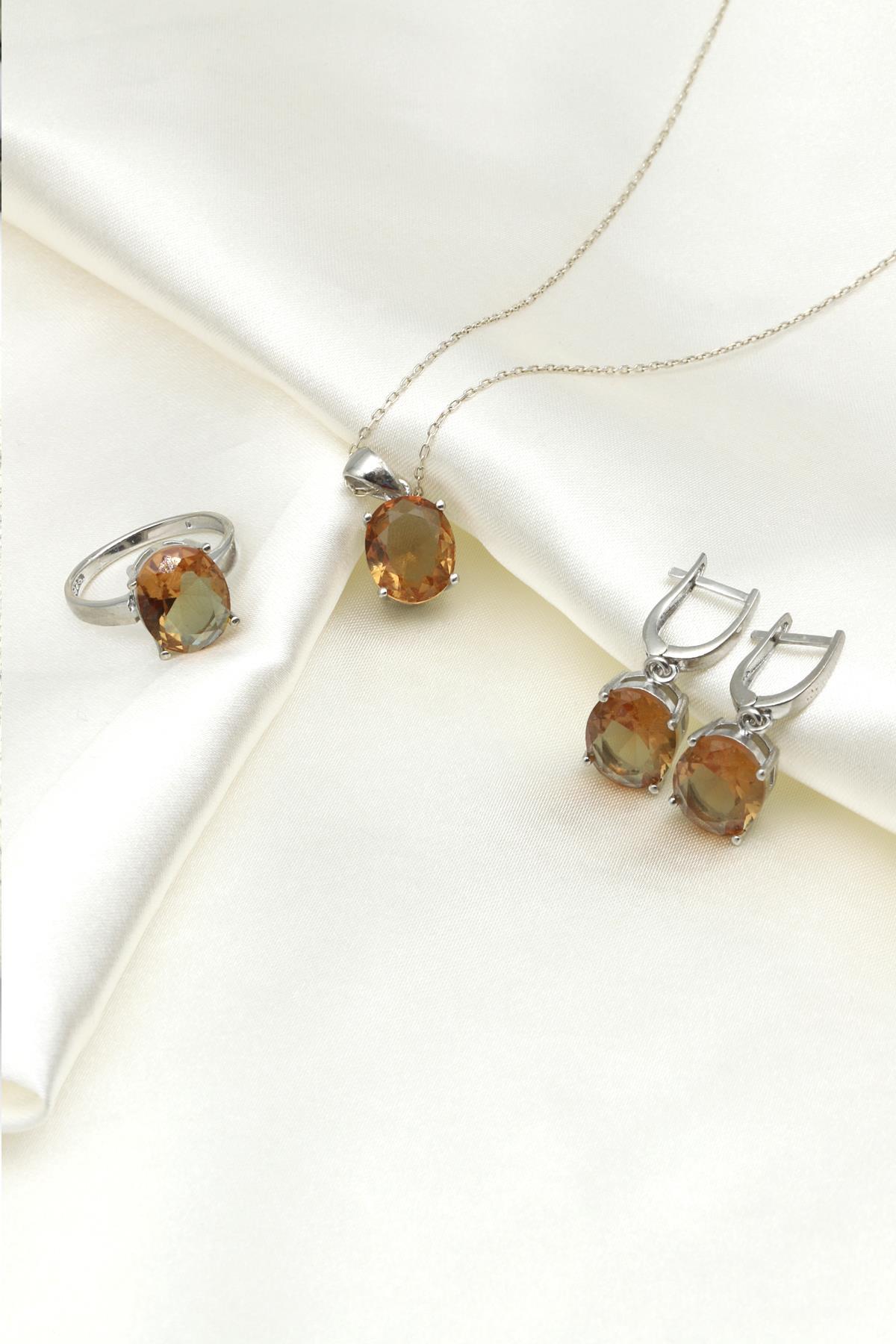 Zultanit Kolye - Küpe - Yüzük 925 Ayar Gümüş 3'lü Set