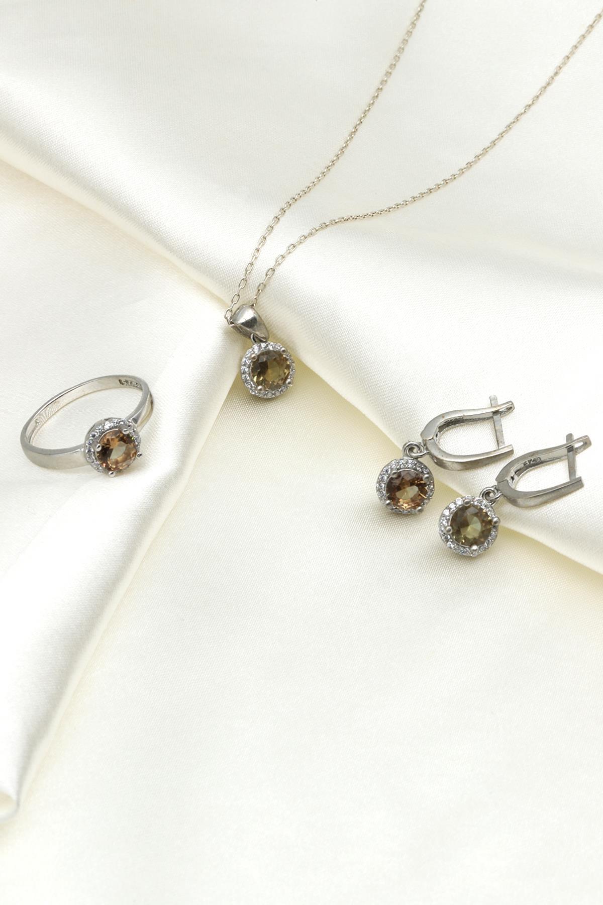 Zultanit Kolye - Küpe - Yüzük 925 Ayar Gümüş 3'lü Set