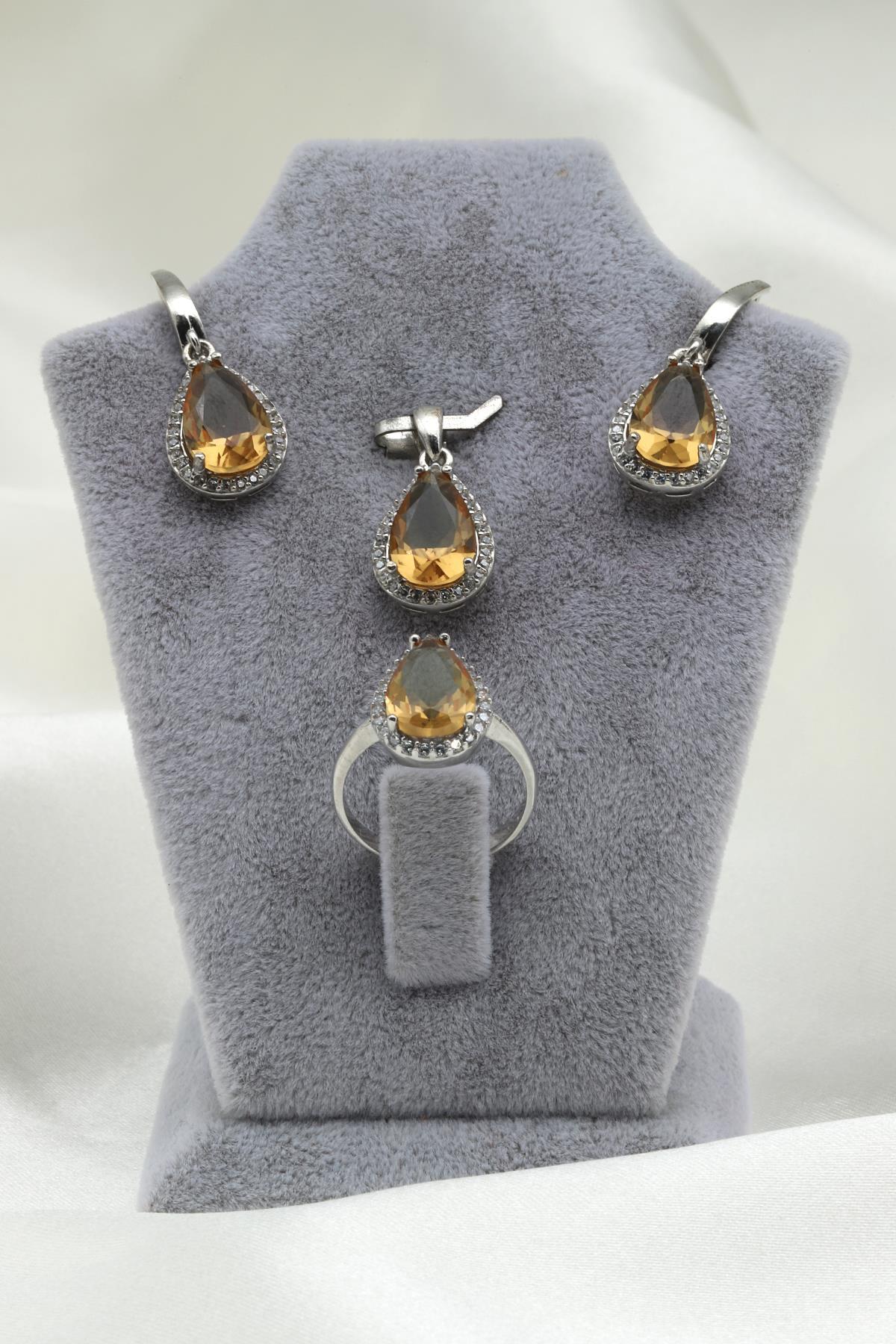 Zultanit Kolye - Küpe - Yüzük 925 Ayar Gümüş 3'lü Set