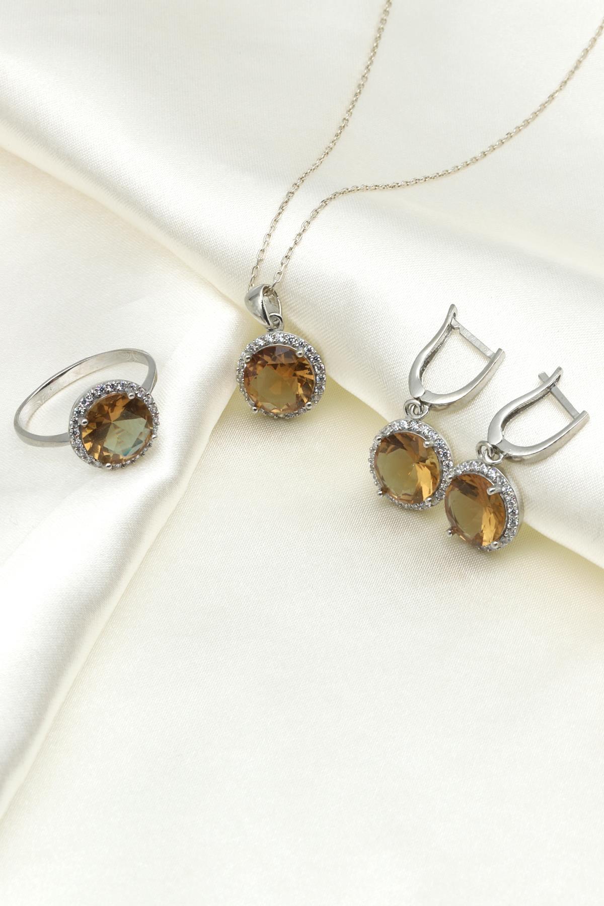 Zultanit Kolye - Küpe - Yüzük 925 Ayar Gümüş 3'lü Set