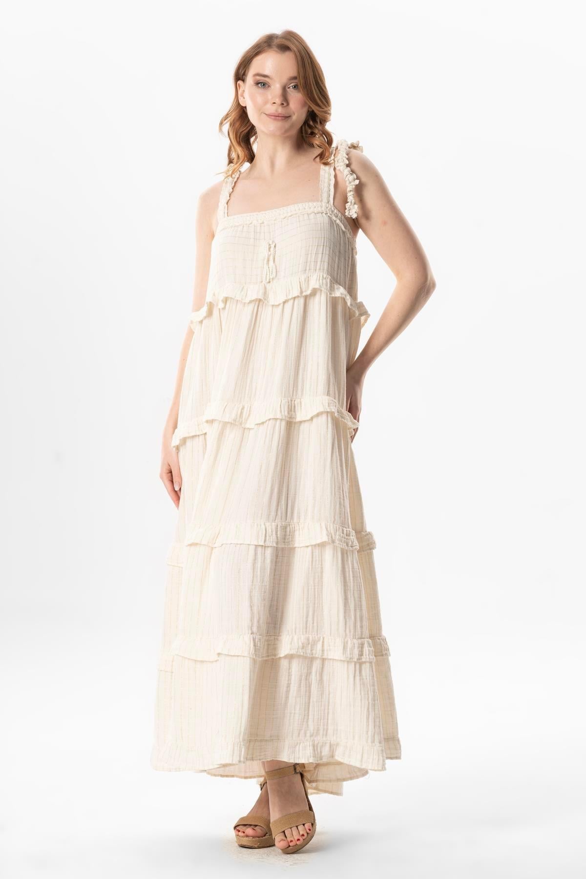 Askılı Kare Yaka Roma Kat Kat Müslin Uzun Yazlık Elbise Krem Krm