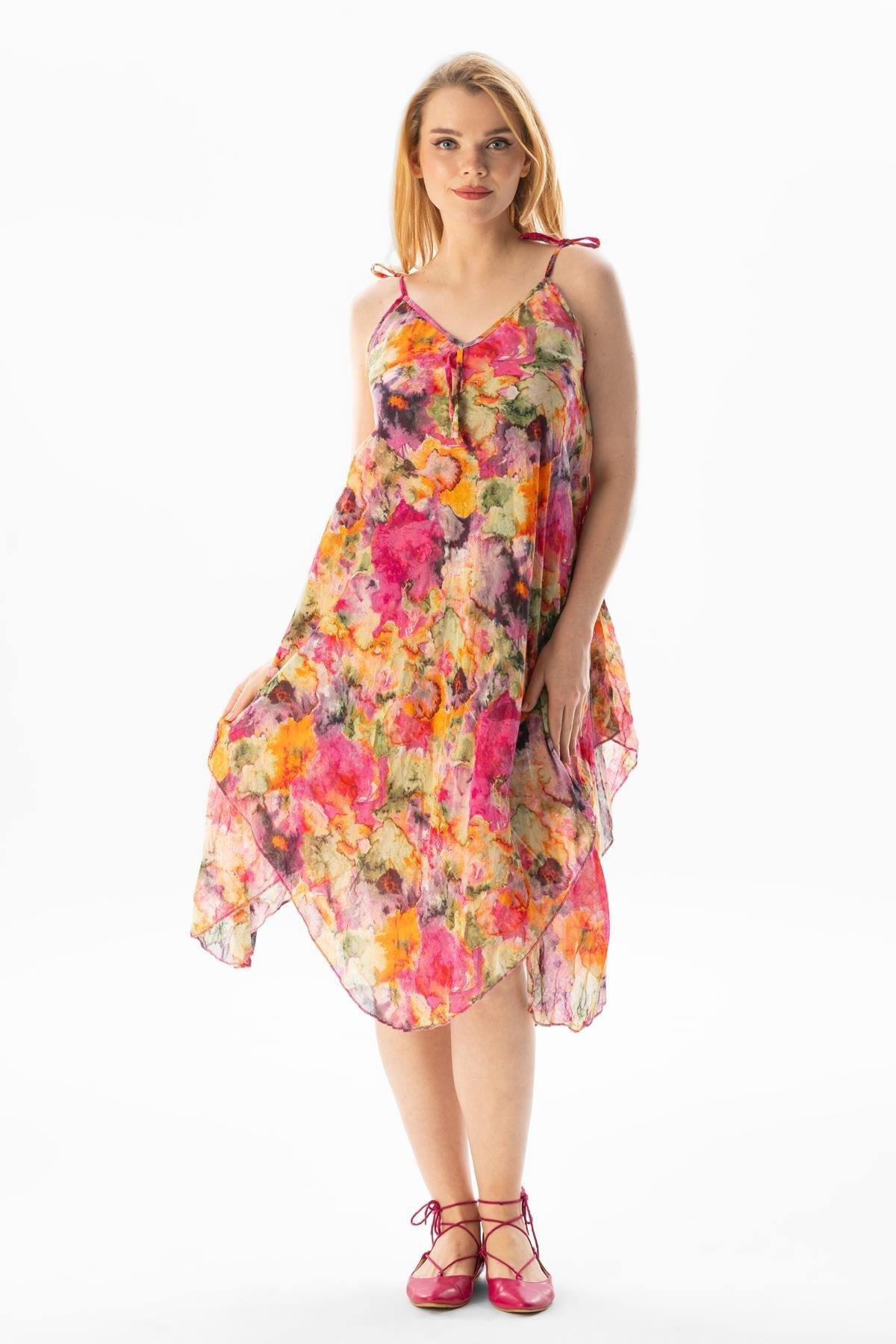 Askılı Vual Afrodit Midi Boy Yazlık Elbise Batik Pembe 6211