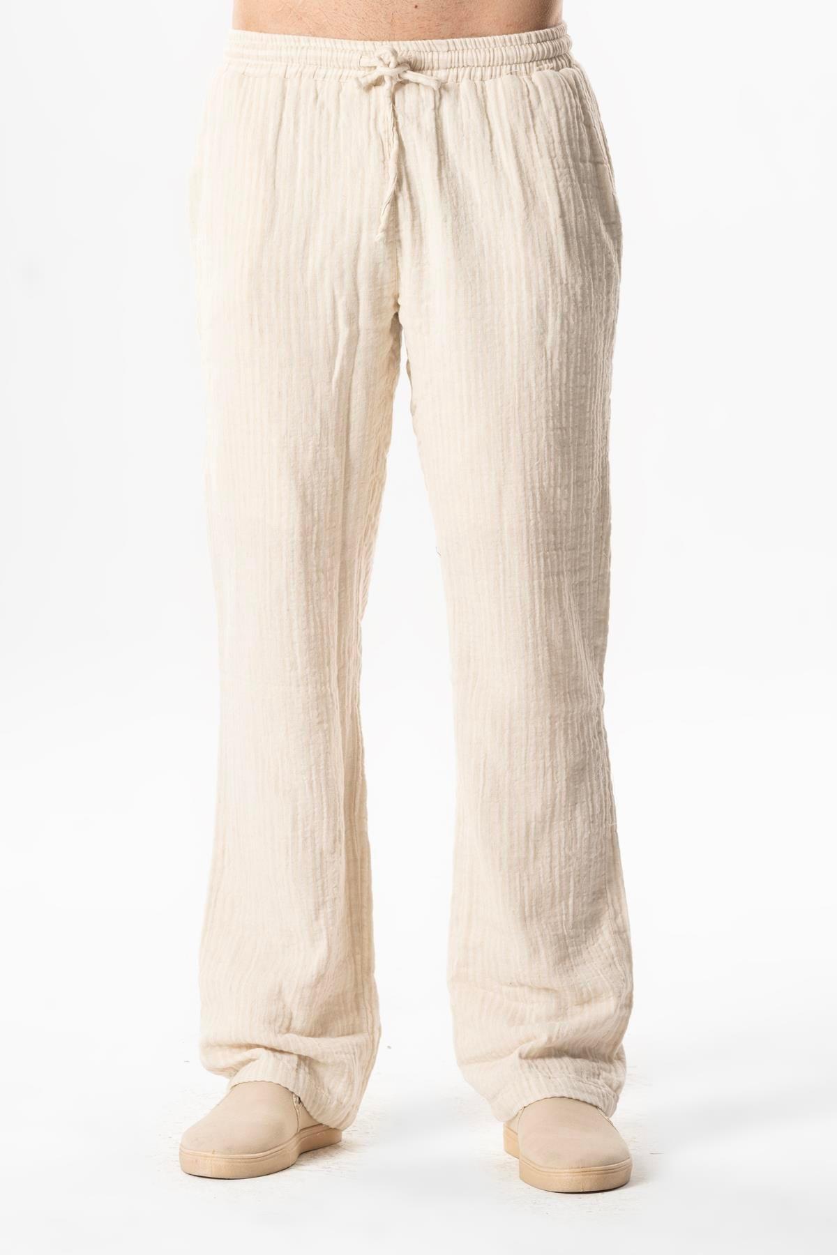 Beli Lastikli Çift Cepli Çizgili Müslin Yazlık Pantolon Çizgili Krem Çzglkrm